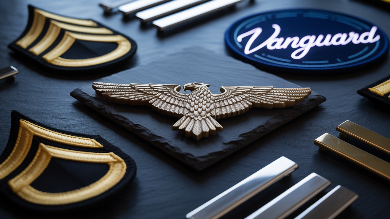 A collection of professionally designed military-style rank insignias displayed on a dark surface, showcasing various designs from classic chevrons to futuristic glowing emblems.