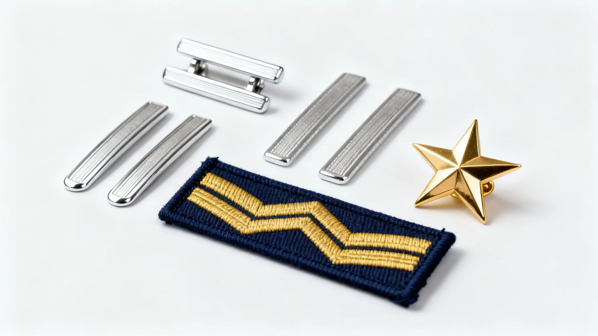 A photorealistic mockup displaying various fictional military-style rank insignia, including silver bars and a gold star pin, arranged neatly on a white background.
