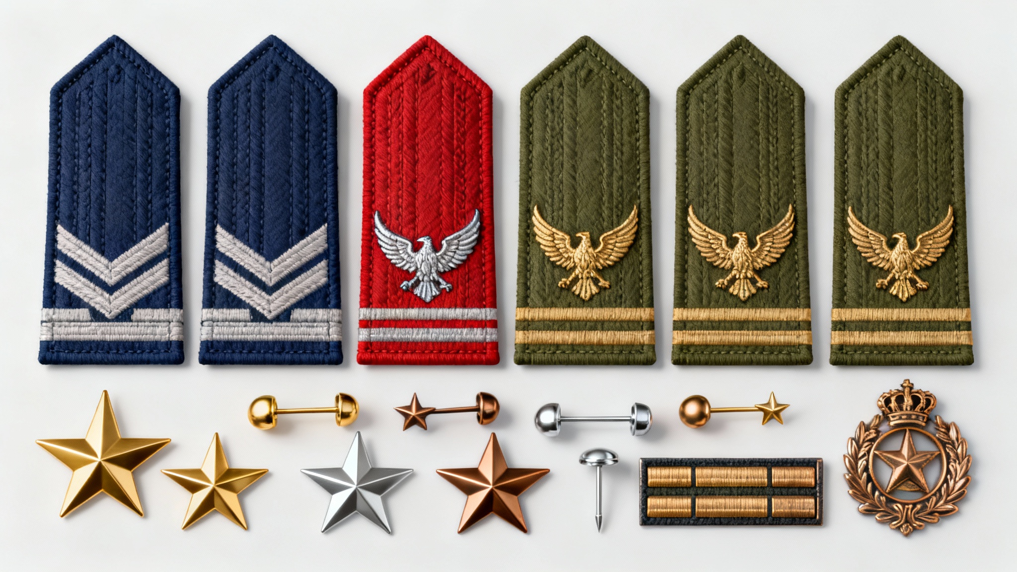 A collection of various fictional military rank insignias, including embroidered patches and metal pins, arranged neatly on a white background.