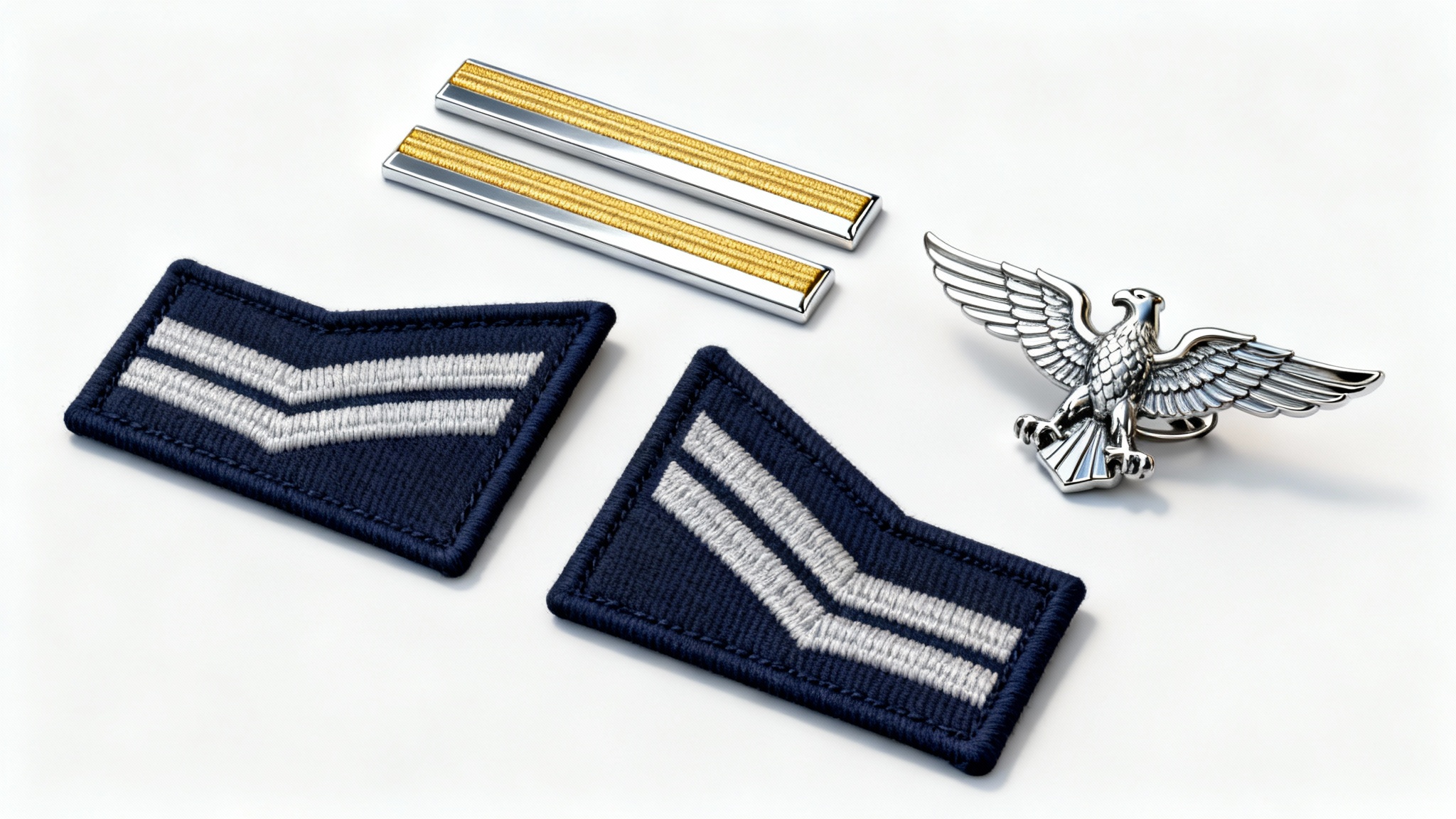 A collection of high-quality, custom military-style rank insignias, including embroidered chevrons and polished metal bars, displayed in a clean arrangement on a white background.