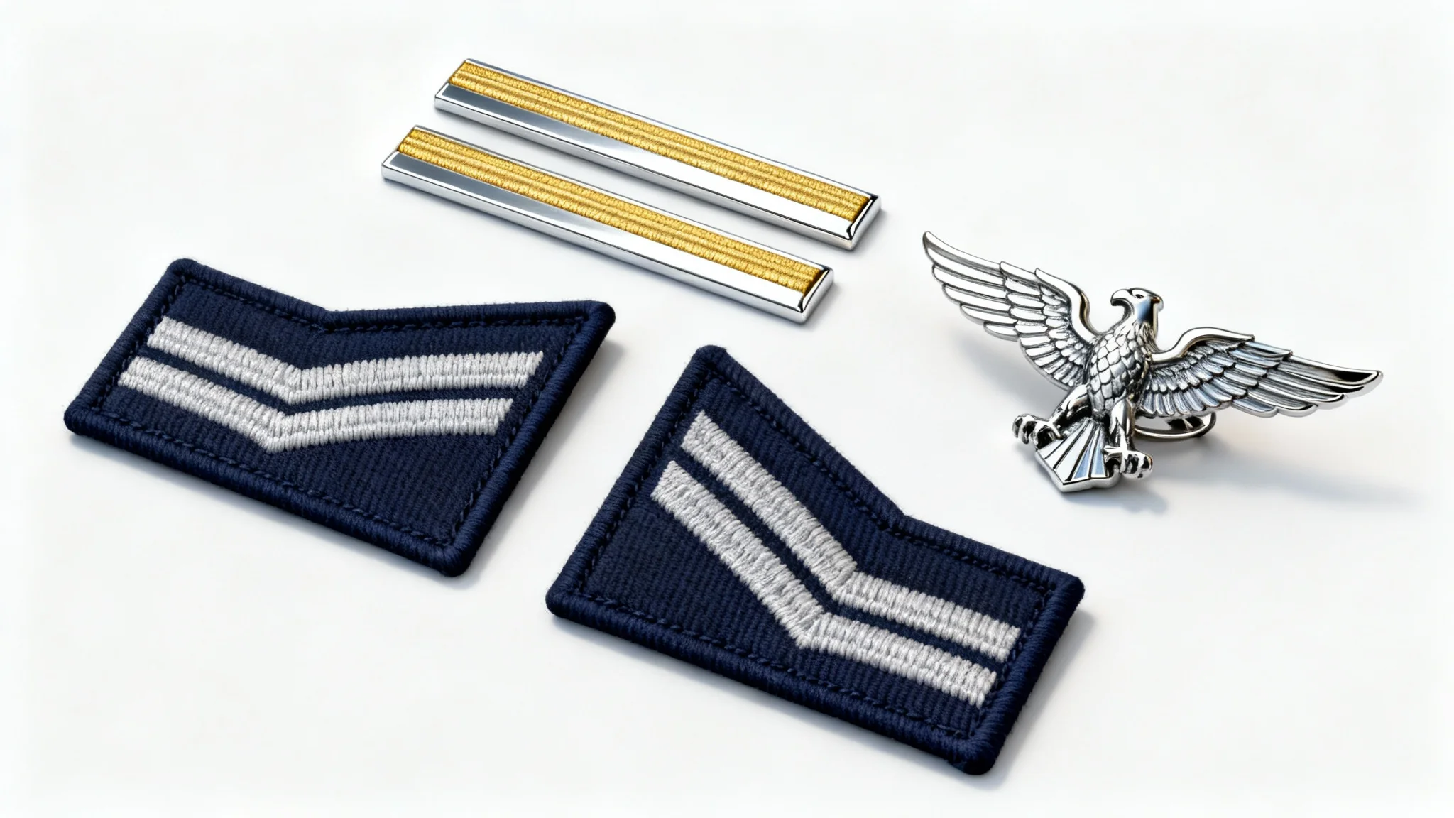 A collection of high-quality, custom military-style rank insignias, including embroidered chevrons and polished metal bars, displayed in a clean arrangement on a white background.