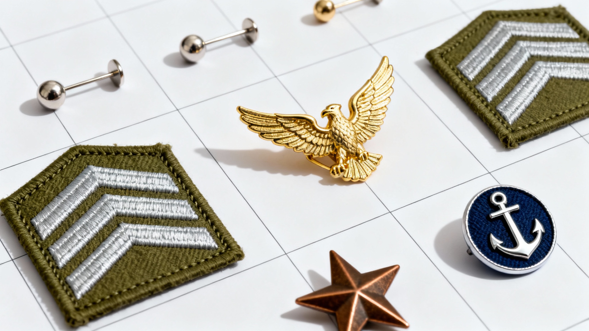 A flat lay image displaying a variety of fictional military rank insignias, including embroidered patches and metal pins, neatly arranged on a white background.