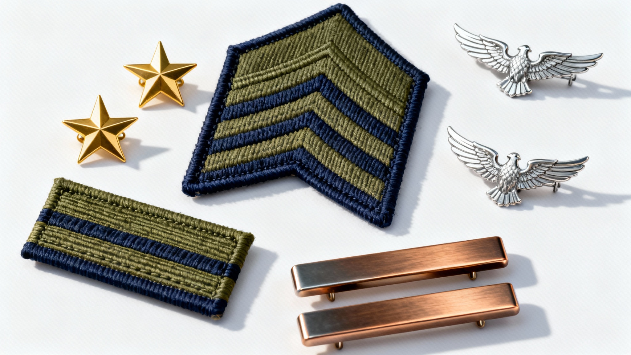A collection of high-quality, fictional military rank insignia, including embroidered patches and polished metal pins, arranged neatly on a clean white background.
