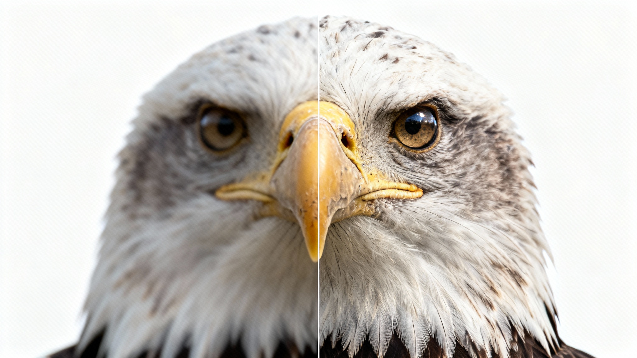 A before-and-after comparison image demonstrating an image sharpening tool. The left side shows a blurry eagle's head, while the right side is crystal clear and highly detailed, highlighting the sharpening effect.