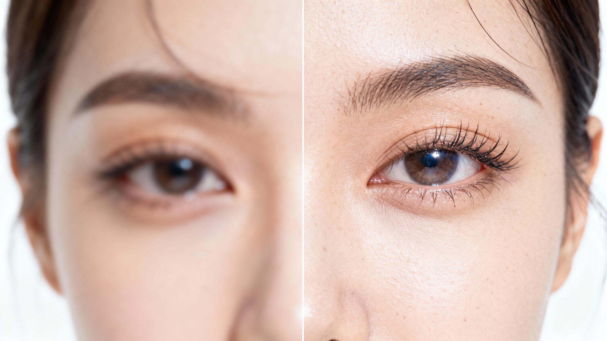 A before-and-after comparison demonstrating image sharpening. The image is split, with the left side showing a woman's blurry face and the right side showing the same face perfectly sharpened and in high definition.