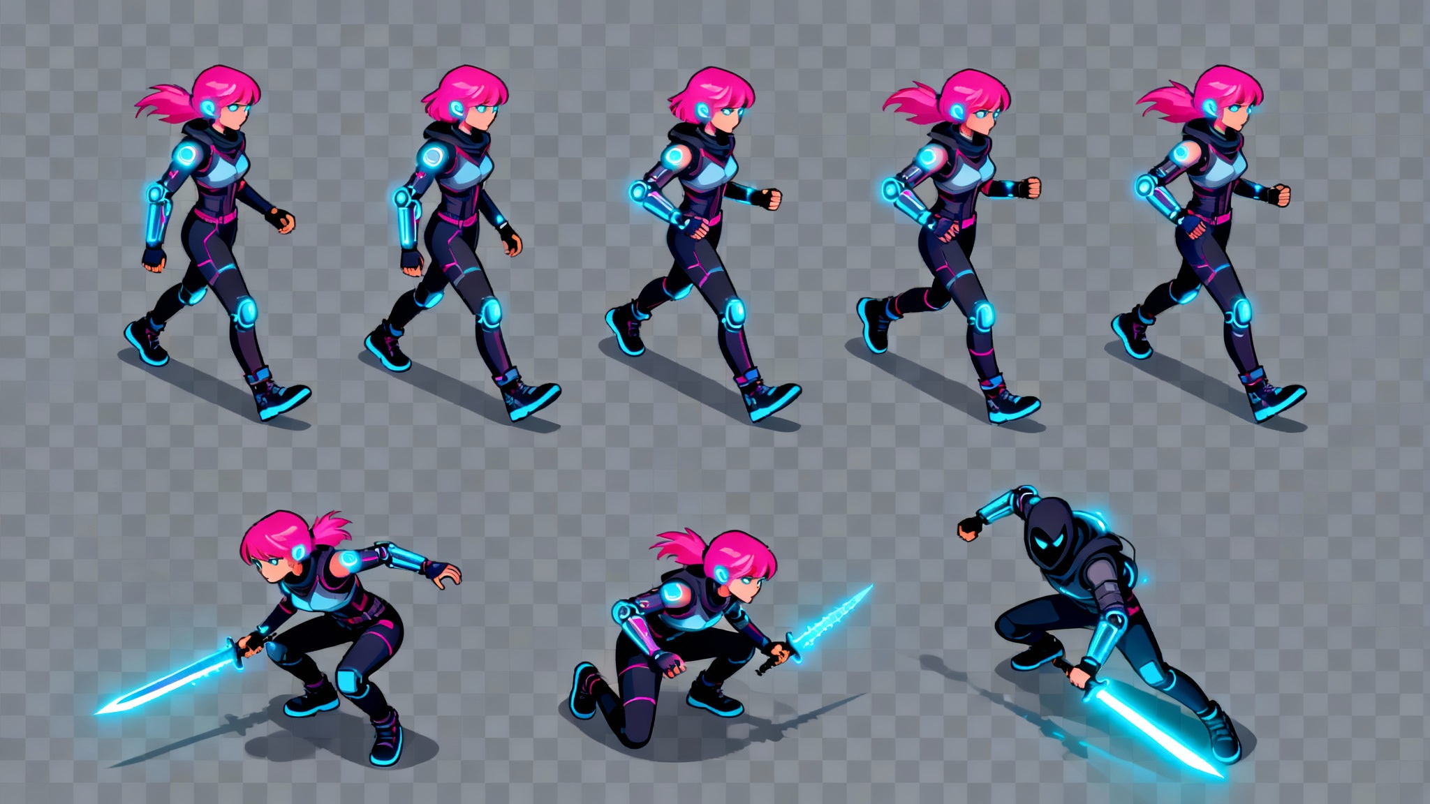A professional top-down sprite sheet showing a cyberpunk female character with pink hair in various action poses like walking and attacking, arranged in a grid on a transparent checkerboard background.