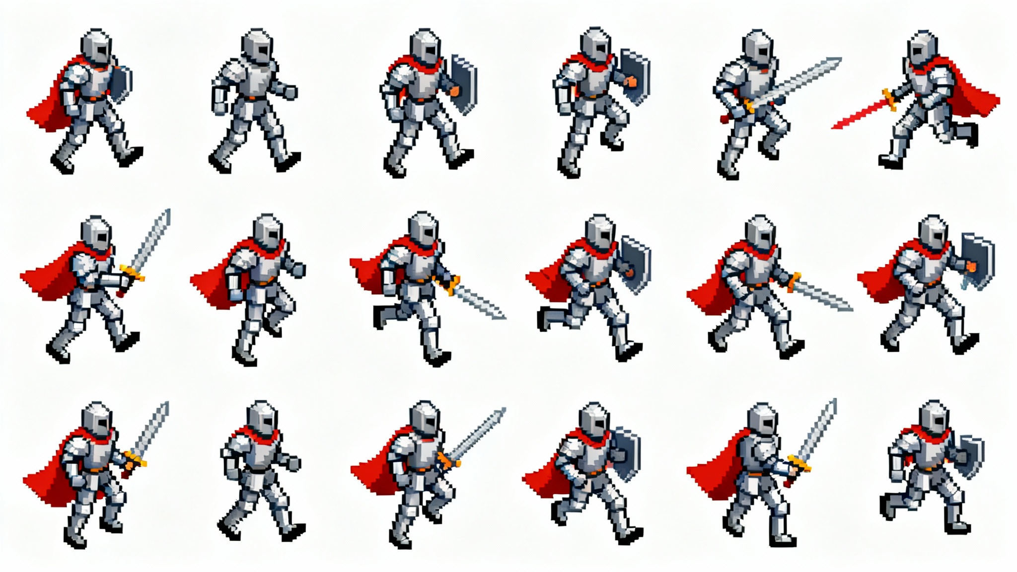 A 16-bit pixel art sprite sheet for a top-down video game, featuring a knight character in various animation poses arranged in a grid, set against a clean white background.