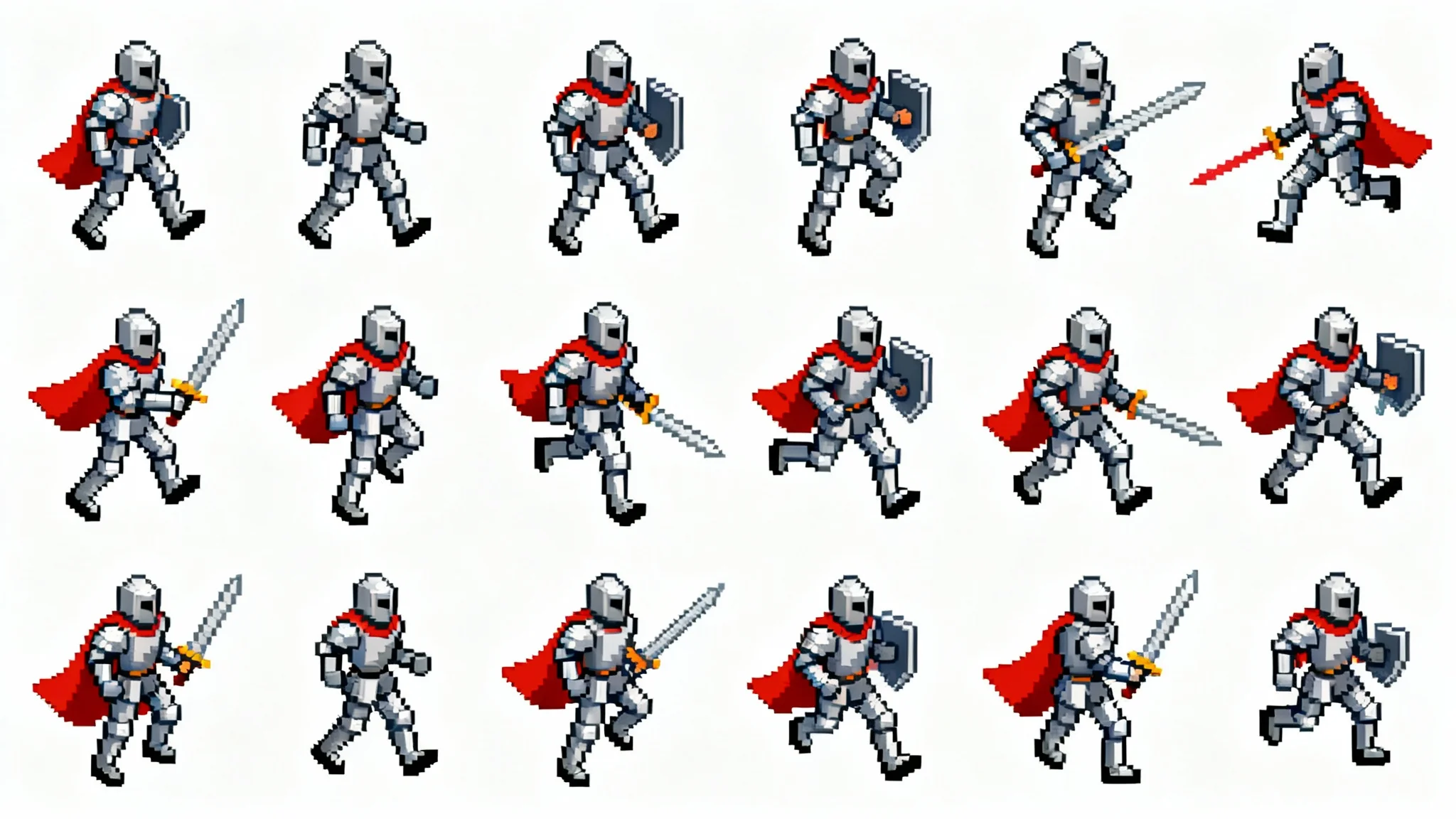 A 16-bit pixel art sprite sheet for a top-down video game, featuring a knight character in various animation poses arranged in a grid, set against a clean white background.