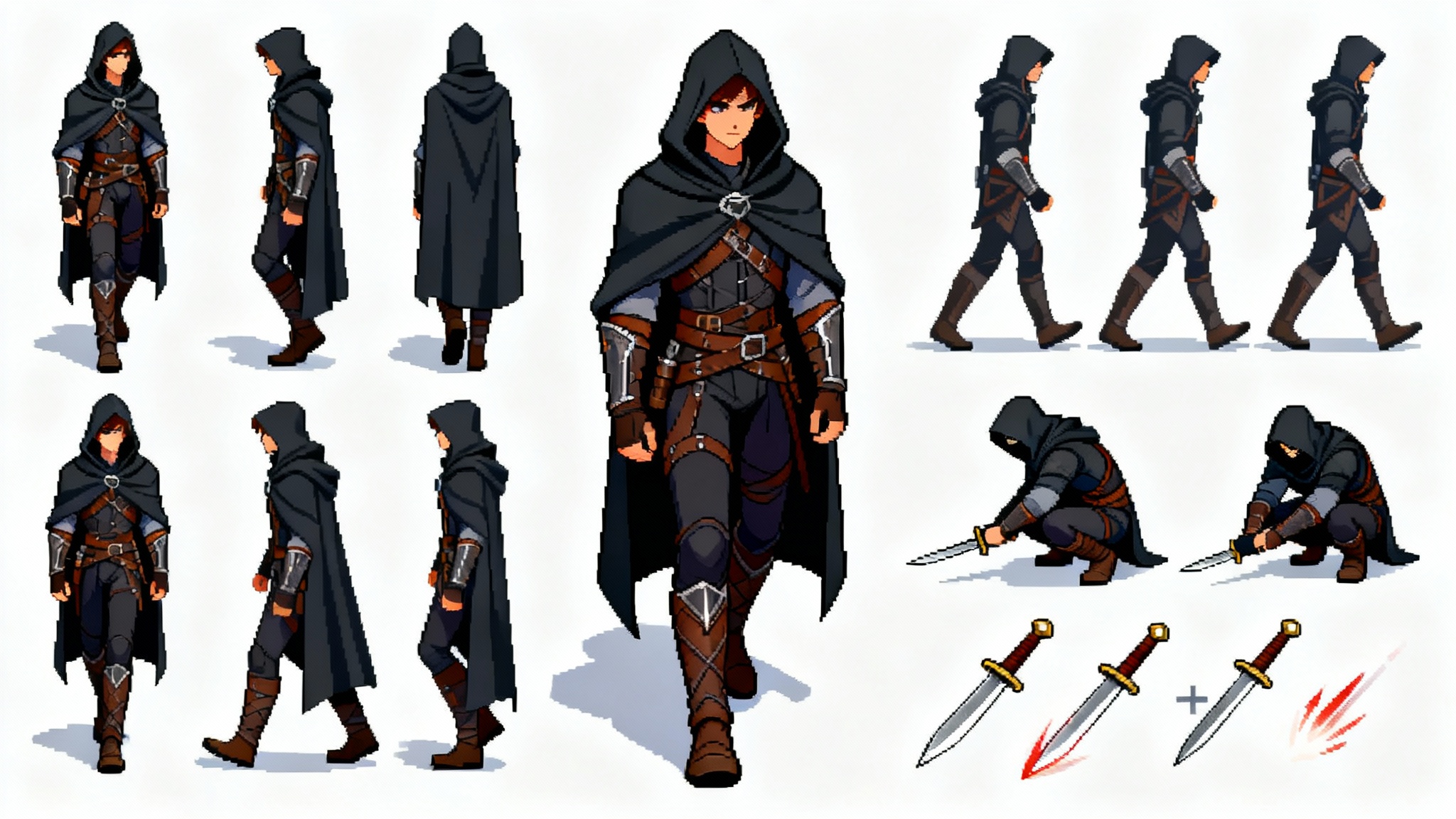 A top-down 2D game sprite sheet of a rogue character, showing animation frames for walking, crouching, and attacking, displayed in a grid on a white background.