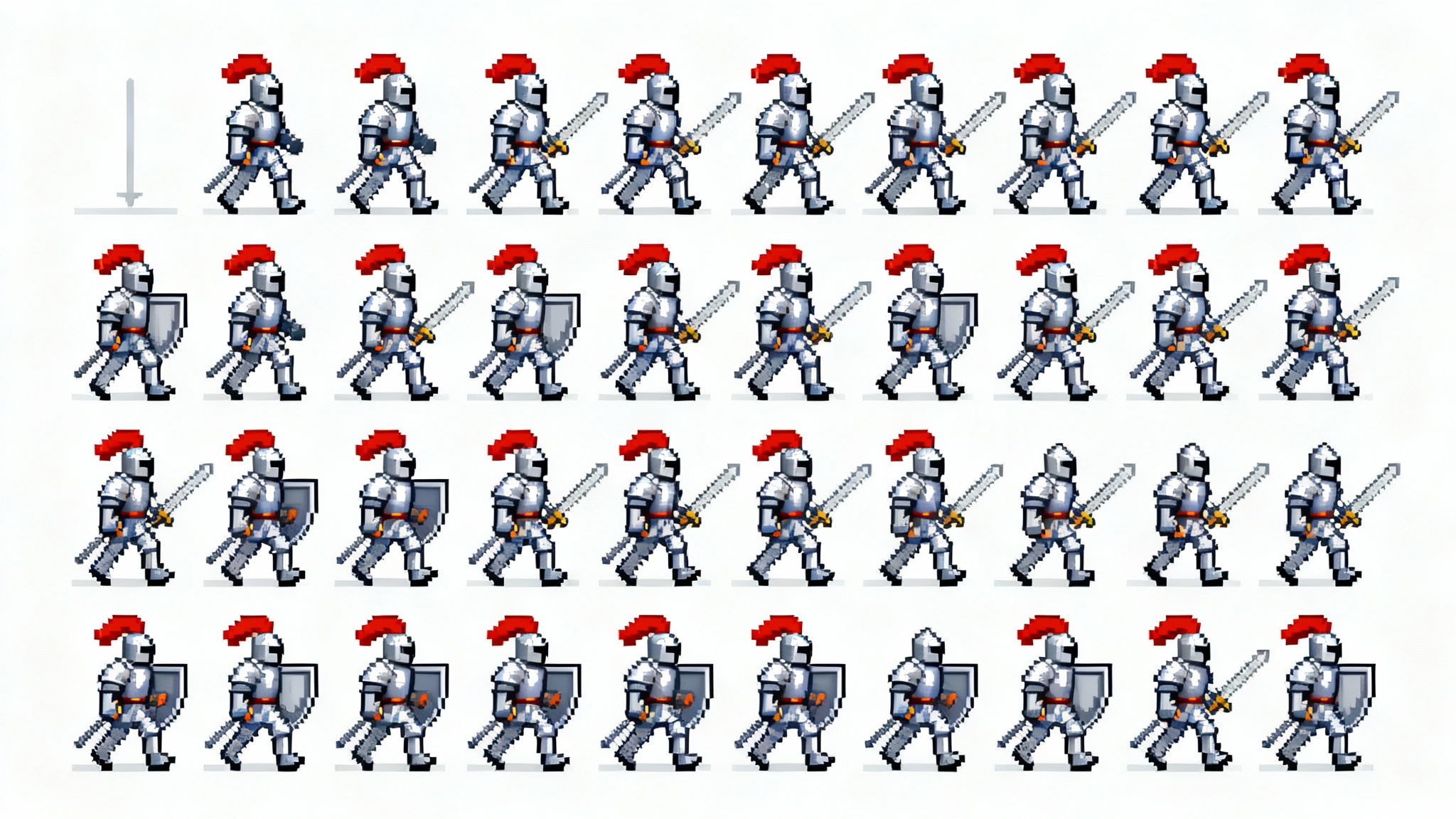 A top-down pixel art sprite sheet showing animation frames for a knight character, arranged in a grid on a white background.