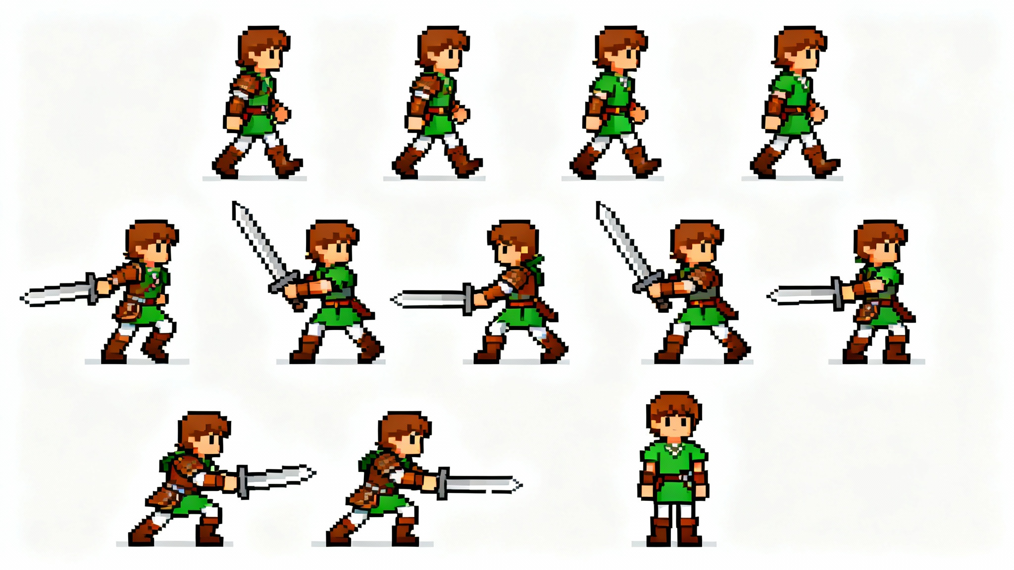 A top-down pixel art sprite sheet of a fantasy adventurer, showing animation frames for walking and attacking, presented on a clean white background.