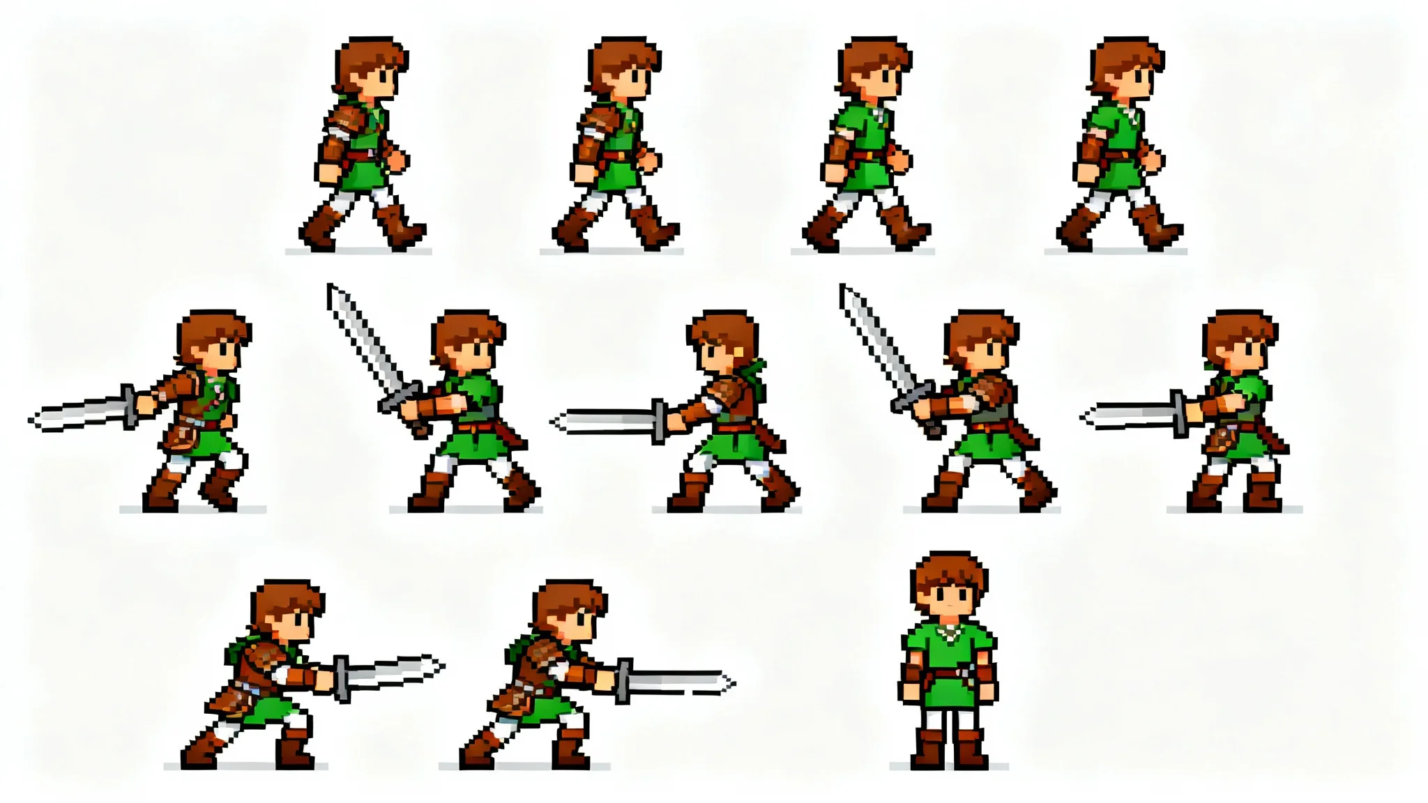 A top-down pixel art sprite sheet of a fantasy adventurer, showing animation frames for walking and attacking, presented on a clean white background.