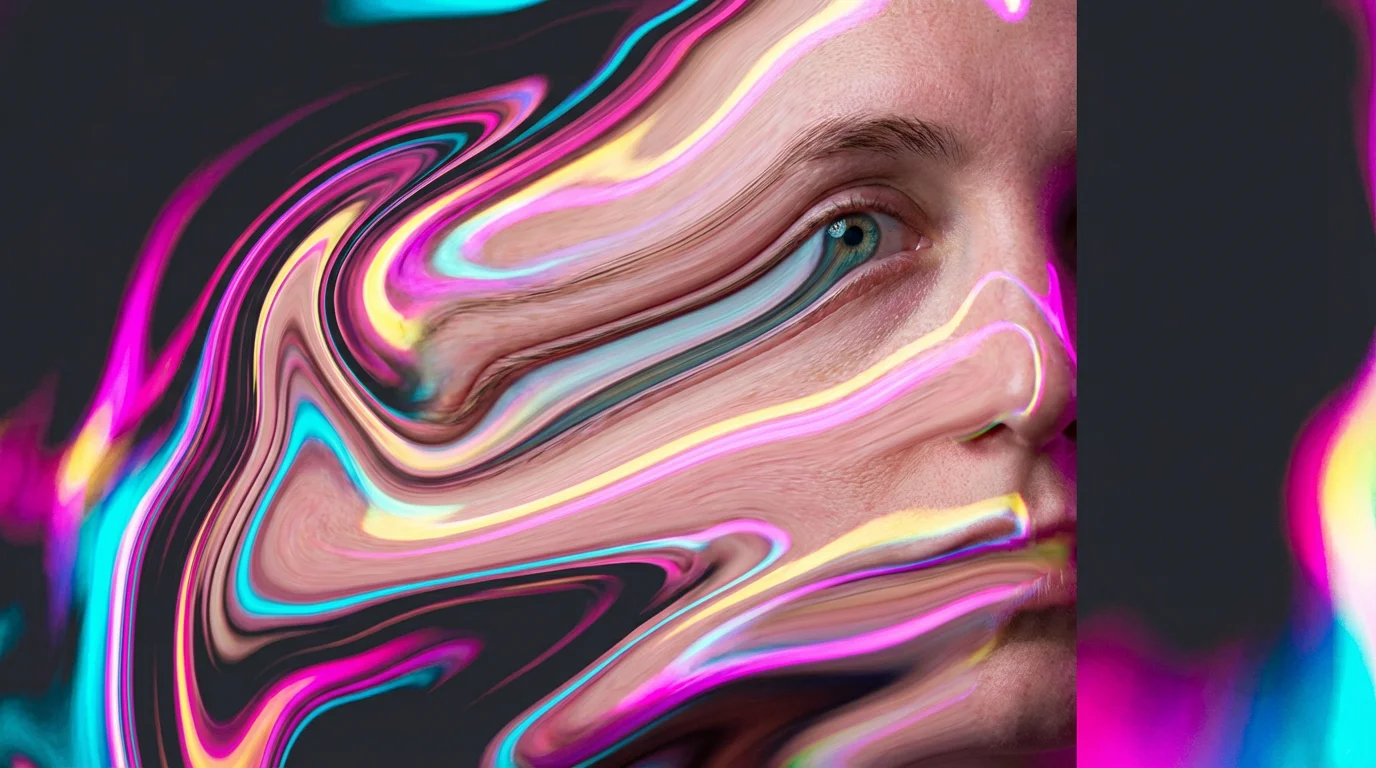 An abstract image created by applying a liquify effect to a portrait, showing vibrant colors swirled and stretched across the frame, distorting facial features into a fluid pattern.