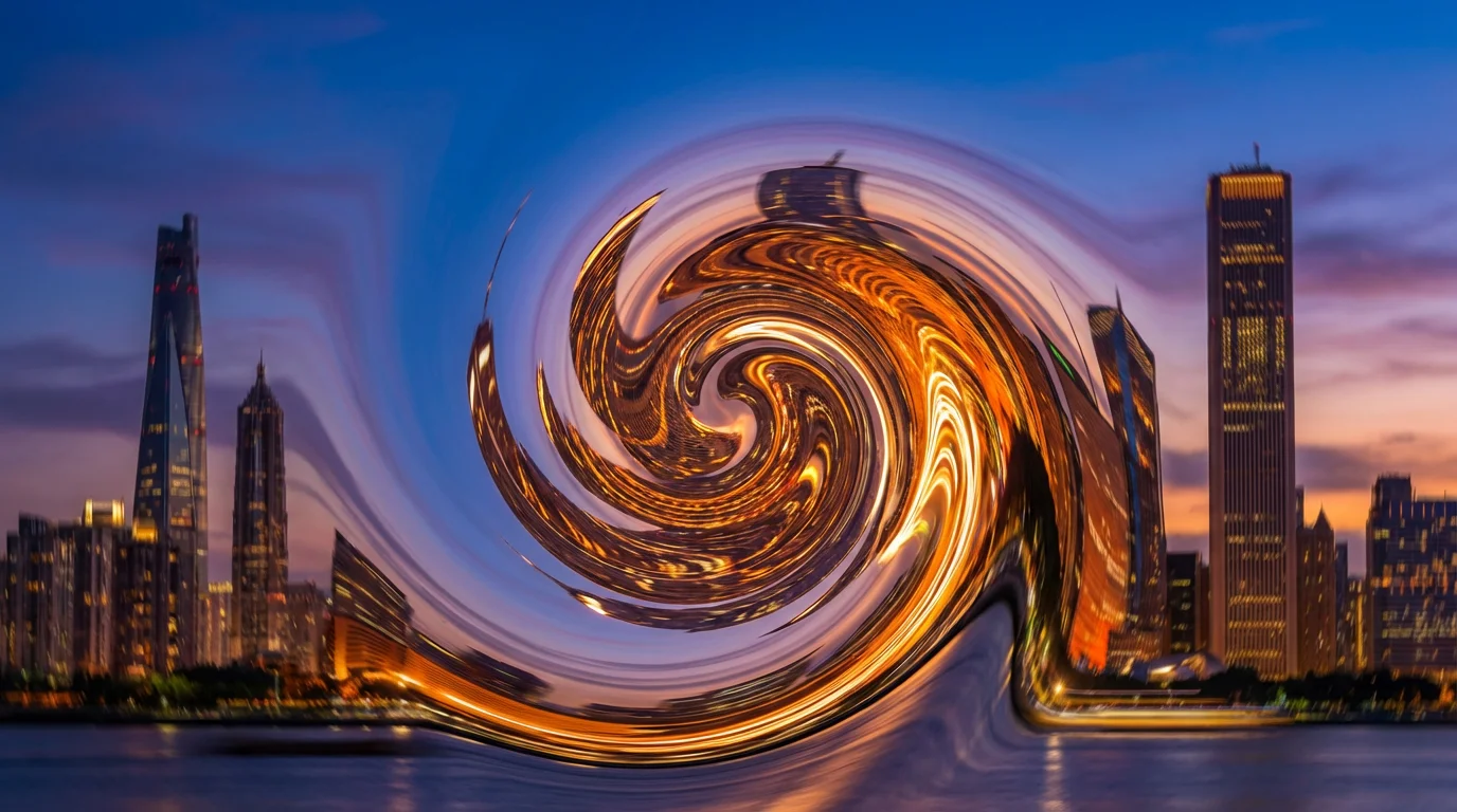A city skyline at dusk where the central buildings are warped and swirled into a surreal, liquid vortex, demonstrating a liquify photo effect.