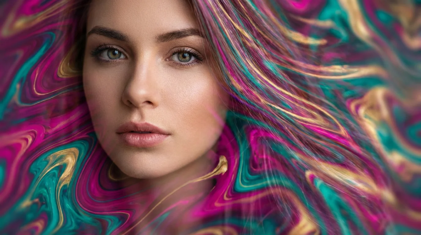 A close-up portrait where the woman's face is clear and in focus, but her hair and the background have been digitally manipulated into colorful, liquid-like swirls.