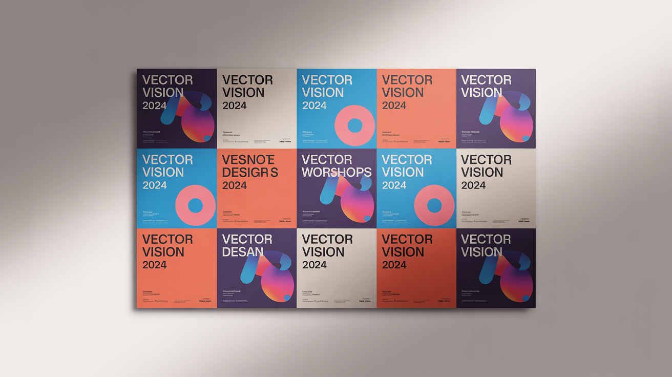 A professionally designed 3x3 grid of nine posters for a fictional design conference called 'Vector Vision 2024', showcasing a poster grid layout on a clean background.