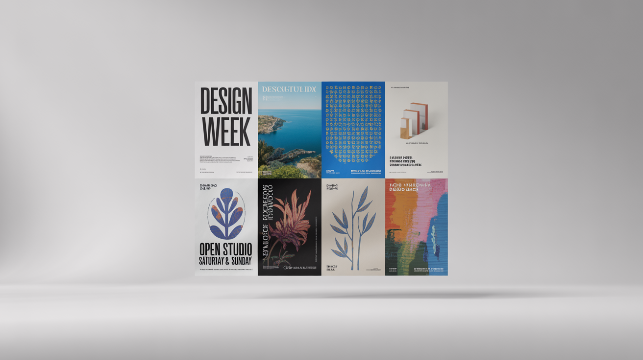 A mockup of a poster grid layout showing six different poster designs arranged in two rows and three columns against a plain white background.