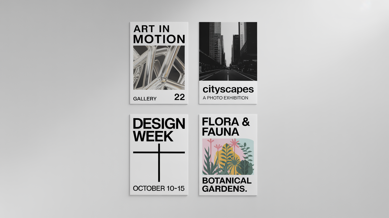 A professional mockup of a poster grid layout, showing four distinct modern posters arranged in a two-by-two grid on a clean white background.