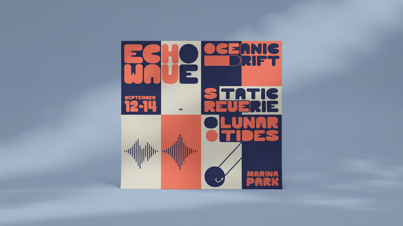 A mockup of a poster grid layout showing four posters for the 'Echo Wave' music festival, neatly arranged in a 2x2 grid on a light gray background.