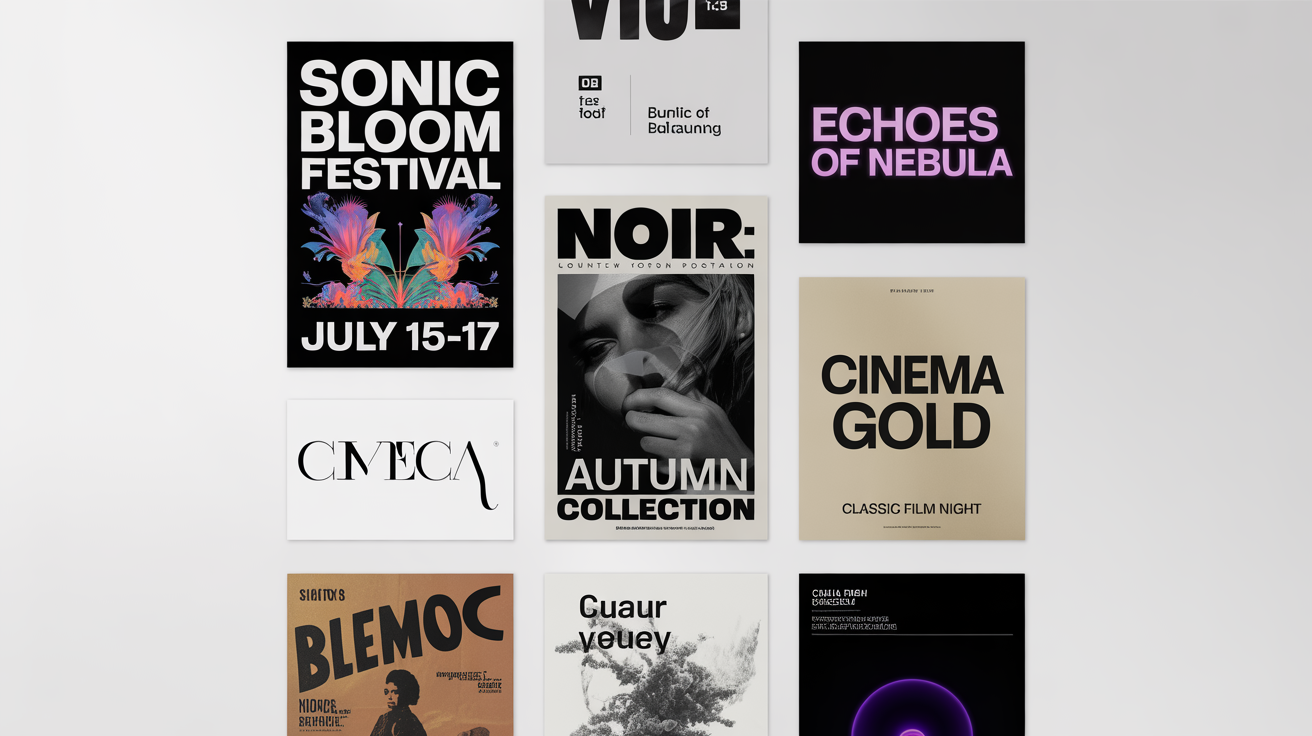 A 3x3 grid of nine different posters with modern graphic designs, arranged neatly on a white background, showcasing a versatile poster grid layout.