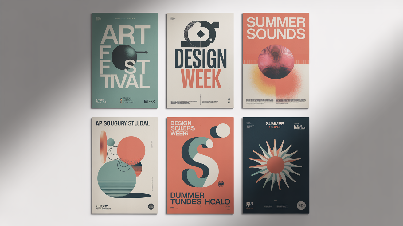 A grid of six modern posters with different graphic designs, including text for an art festival and design week, displayed on a white background.