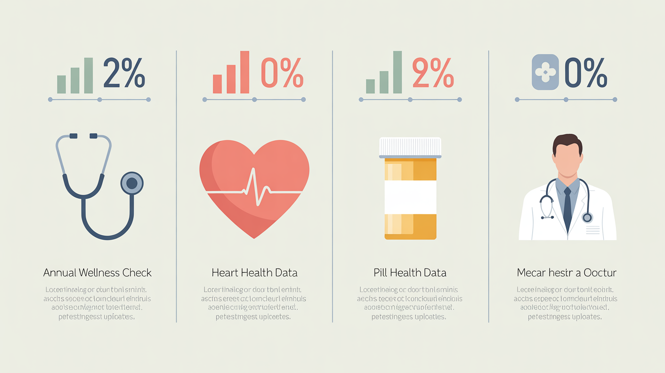 A polished healthcare infographic showcasing the final result of a design template, featuring four sections with icons for a stethoscope, heart, medication, and a doctor, with a modern blue and white color scheme.