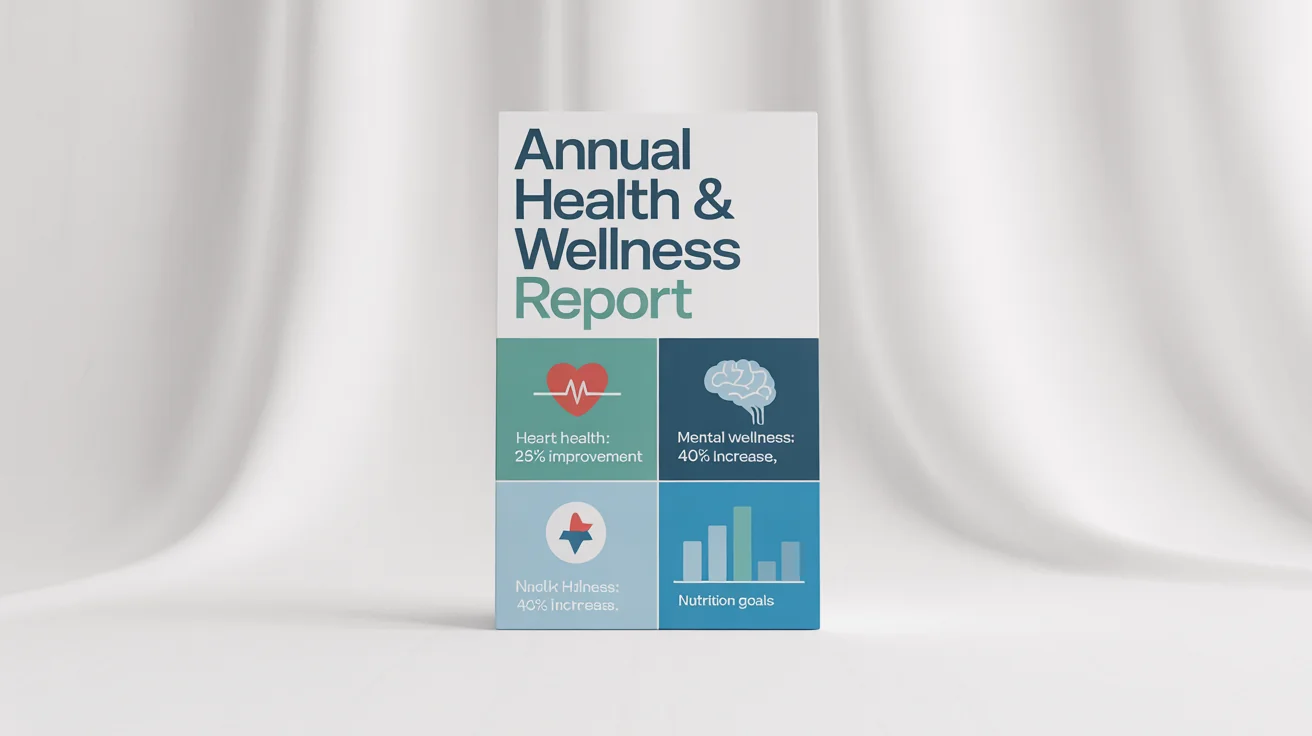 A mockup of a professional healthcare infographic titled 'Annual Health & Wellness Report', displaying statistics and icons related to heart health and mental wellness on a clean white background.