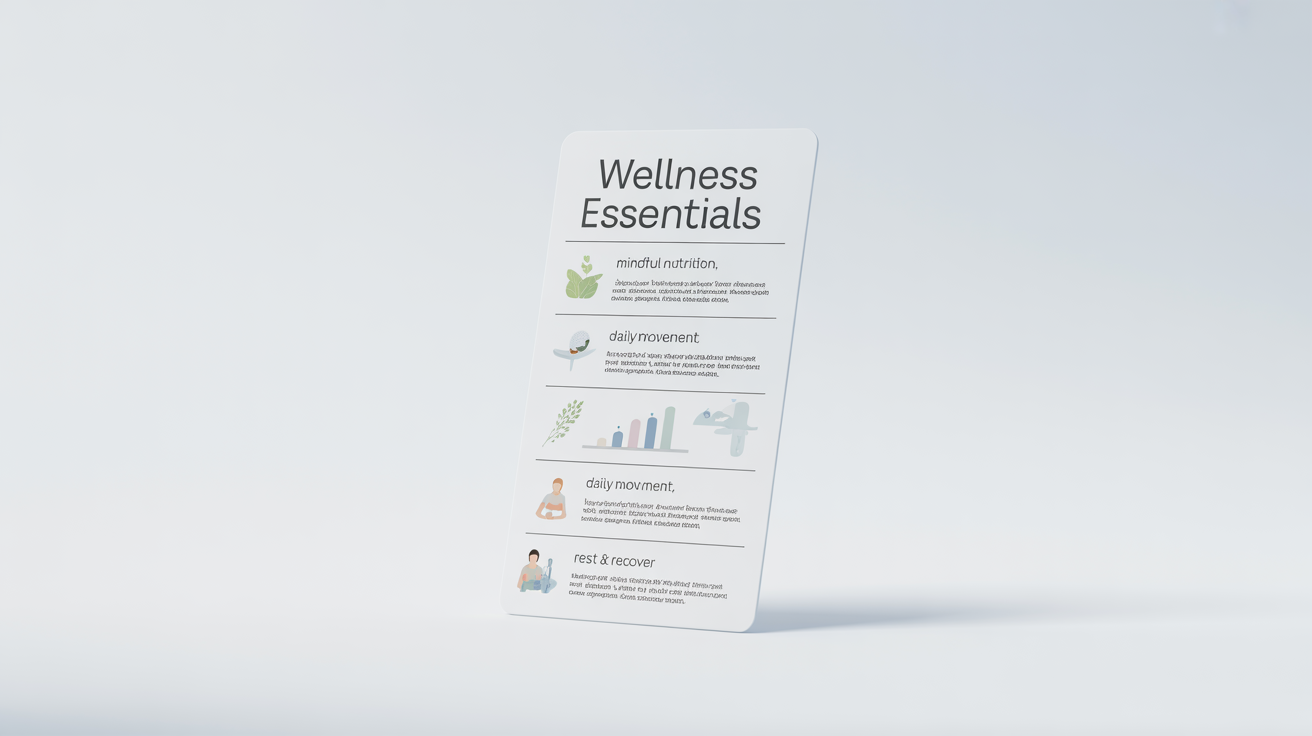 A modern healthcare infographic titled 'Wellness Essentials' showing sections for nutrition, exercise, and rest with minimalist icons and charts, all set against a plain white background.