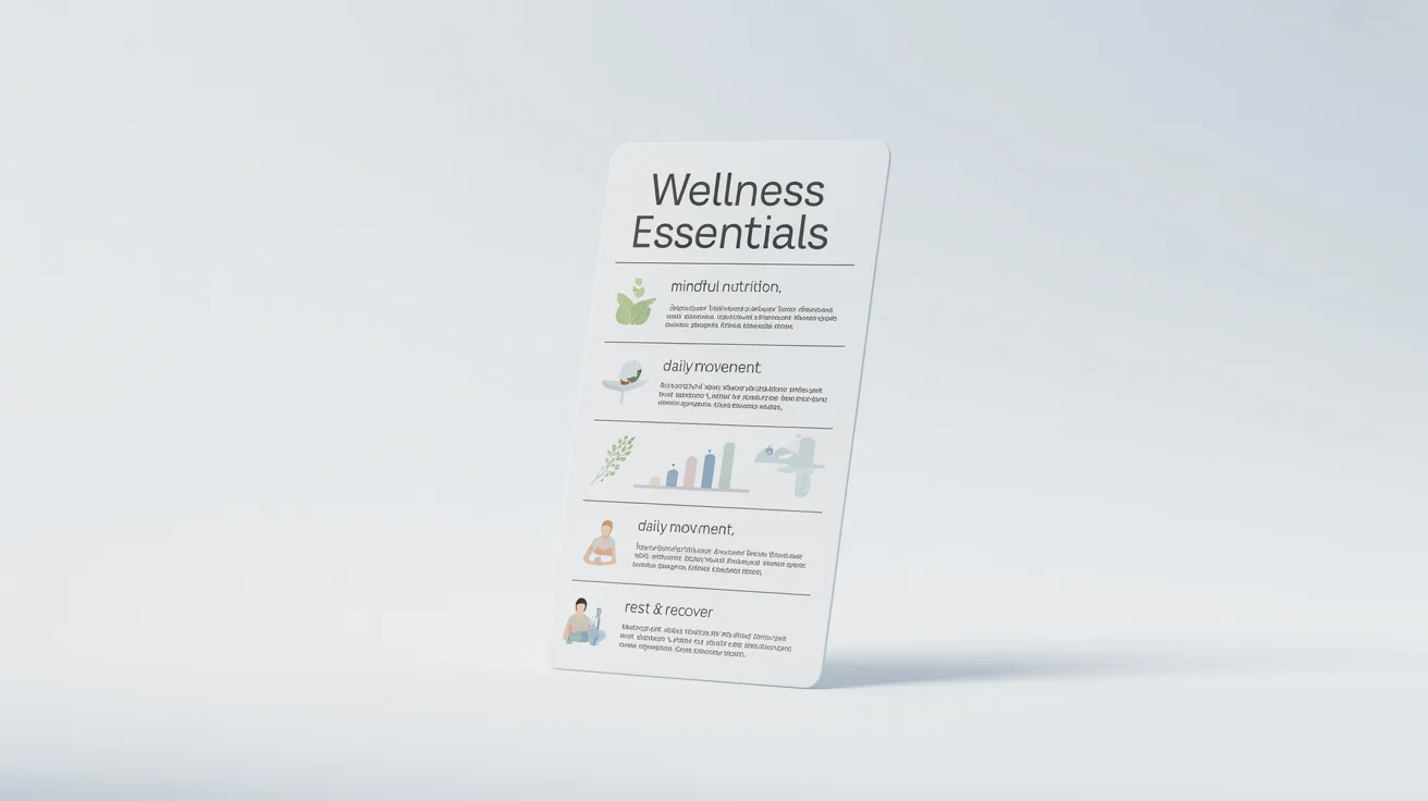 A modern healthcare infographic titled 'Wellness Essentials' showing sections for nutrition, exercise, and rest with minimalist icons and charts, all set against a plain white background.