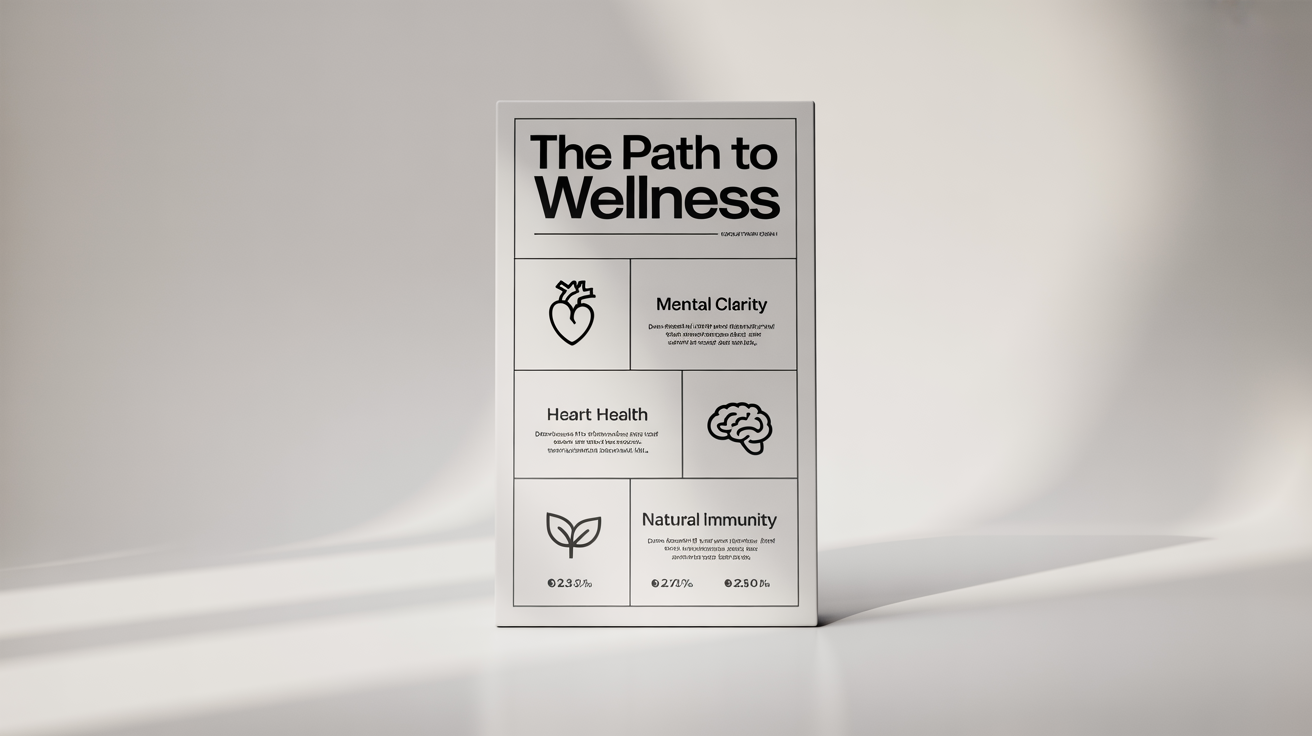A modern healthcare infographic mockup titled 'The Path to Wellness.' It features sections on heart health, mental clarity, and natural immunity, each with a corresponding flat icon and fictional data, all set against a clean white background.