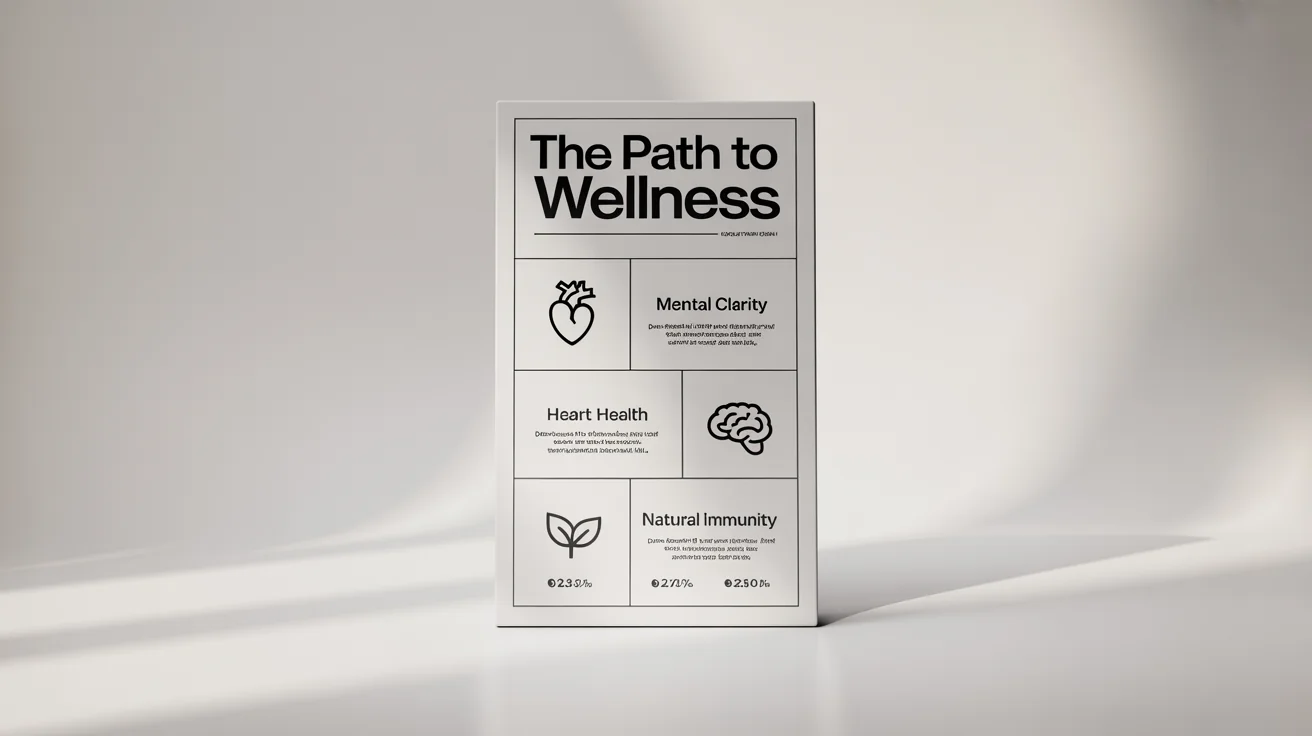 A modern healthcare infographic mockup titled 'The Path to Wellness.' It features sections on heart health, mental clarity, and natural immunity, each with a corresponding flat icon and fictional data, all set against a clean white background.