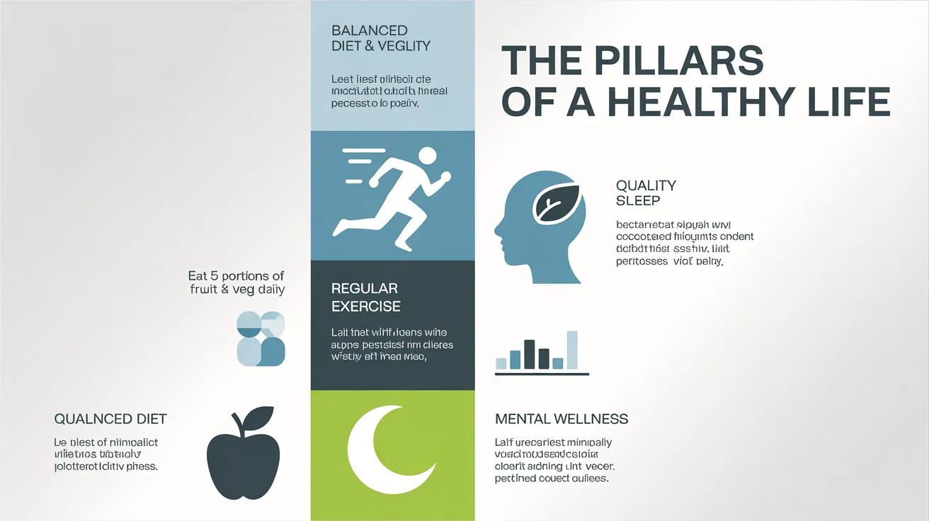 A mockup of a healthcare infographic titled 'The Pillars of a Healthy Life'. It features sections on diet, exercise, sleep, and mental wellness, with corresponding icons and data points.