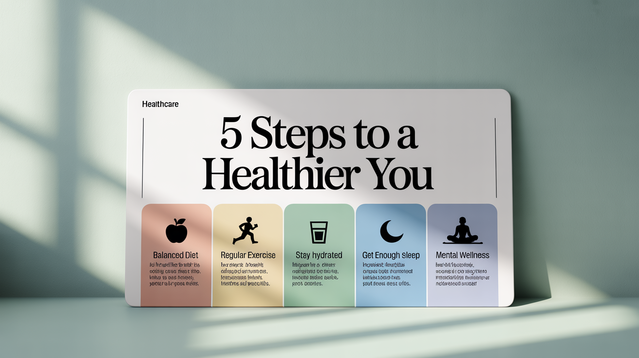 A mockup of a healthcare infographic titled '5 Steps to a Healthier You', showing icons for diet, exercise, hydration, sleep, and wellness against a white background.