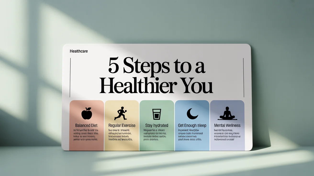 A mockup of a healthcare infographic titled '5 Steps to a Healthier You', showing icons for diet, exercise, hydration, sleep, and wellness against a white background.