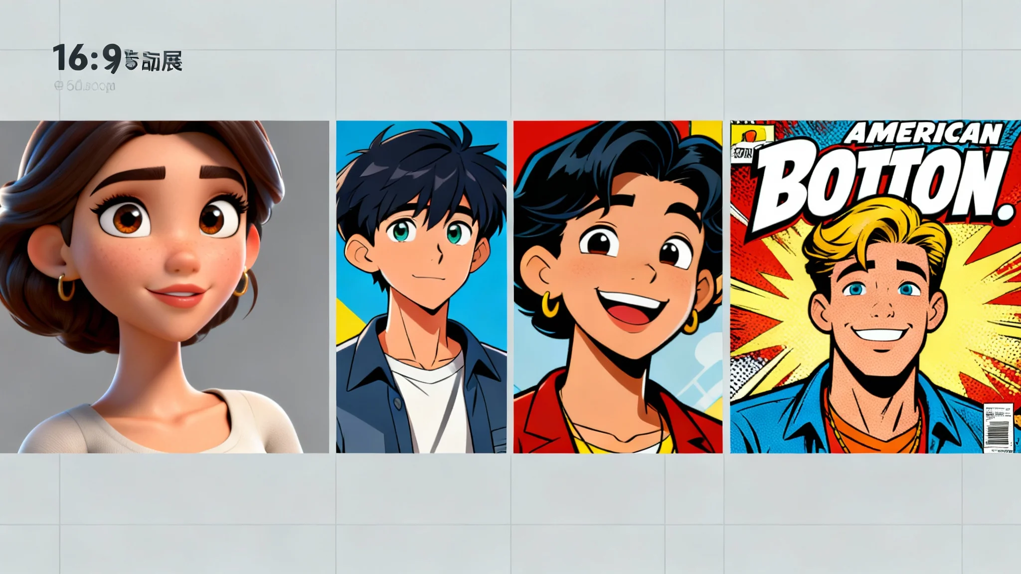 A vibrant collage of four portraits, each transformed into a different cartoon style: 3D animation, anime, classic 2D cartoon, and comic book art.