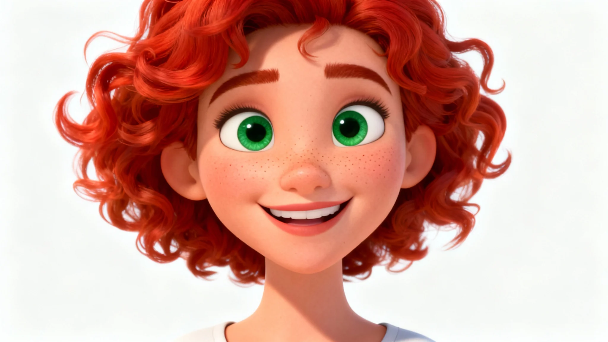 A high-quality 3D cartoon rendering of a woman with curly red hair and big green eyes, smiling warmly against a solid white background, demonstrating a cartoon face generator.