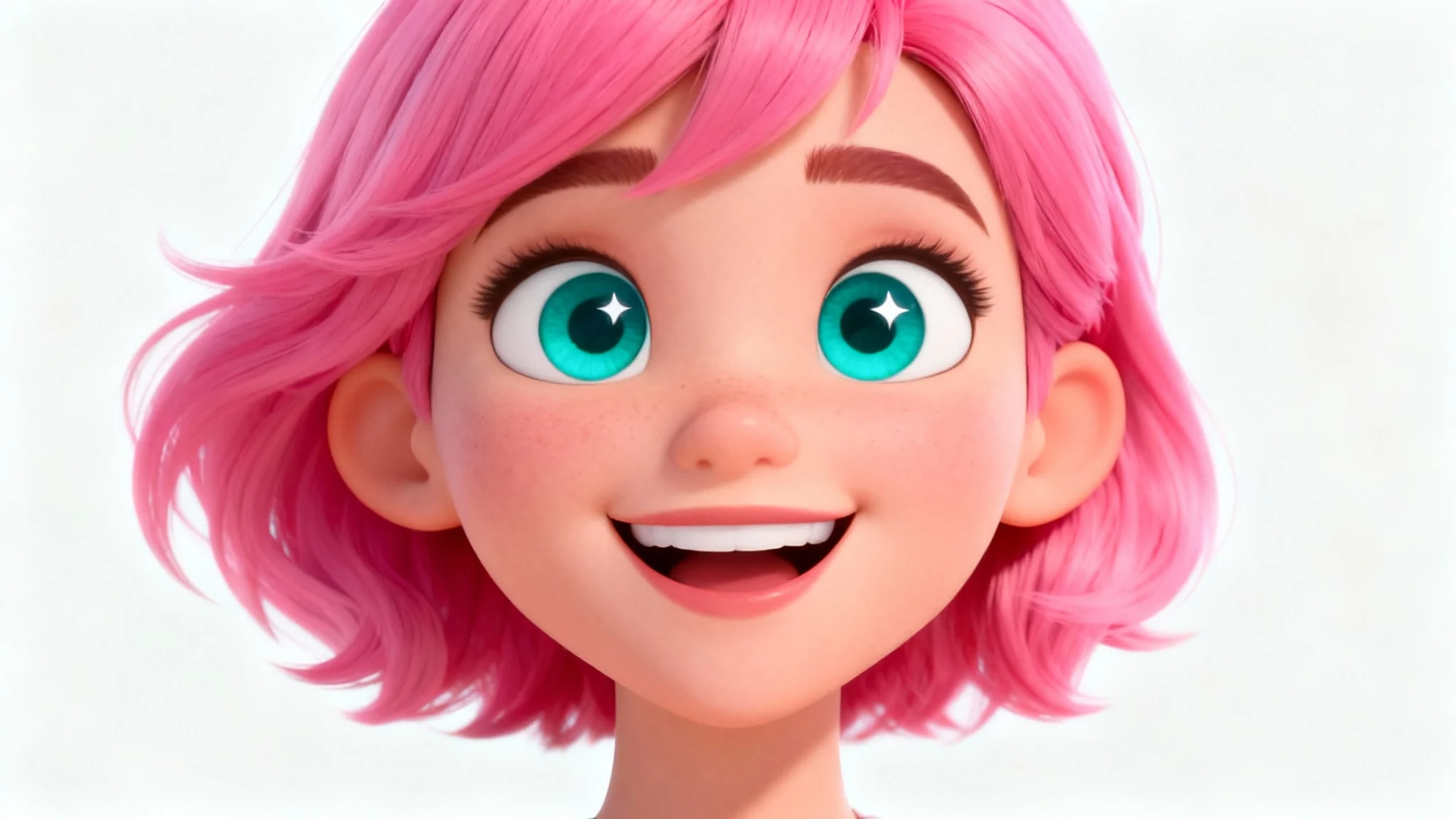 A high-quality 3D render of a cartoon woman's face, showing her with pink hair and a joyful expression against a white background.