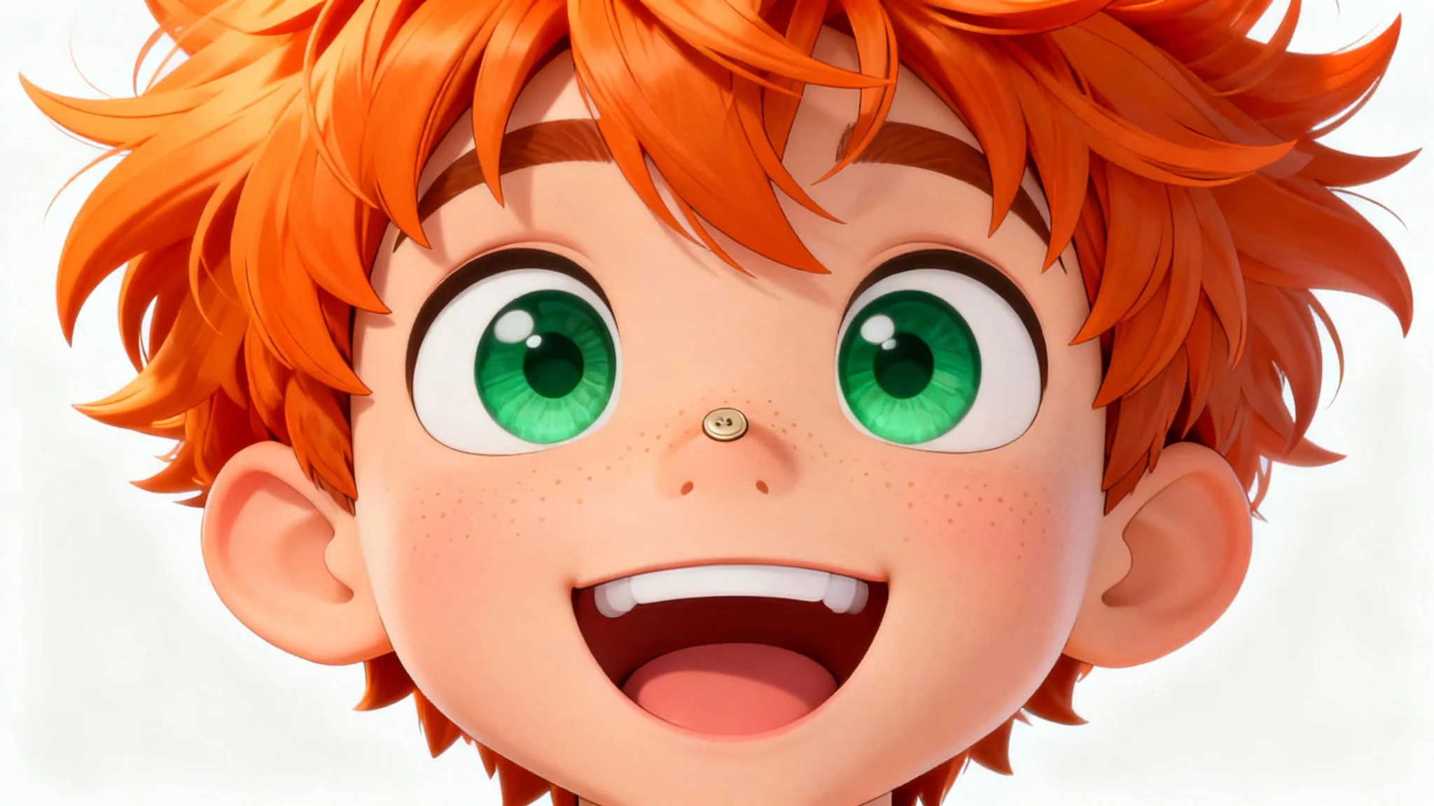 A close-up of a cheerful cartoon boy's face with bright orange hair and big green eyes, smiling happily against a plain white background.