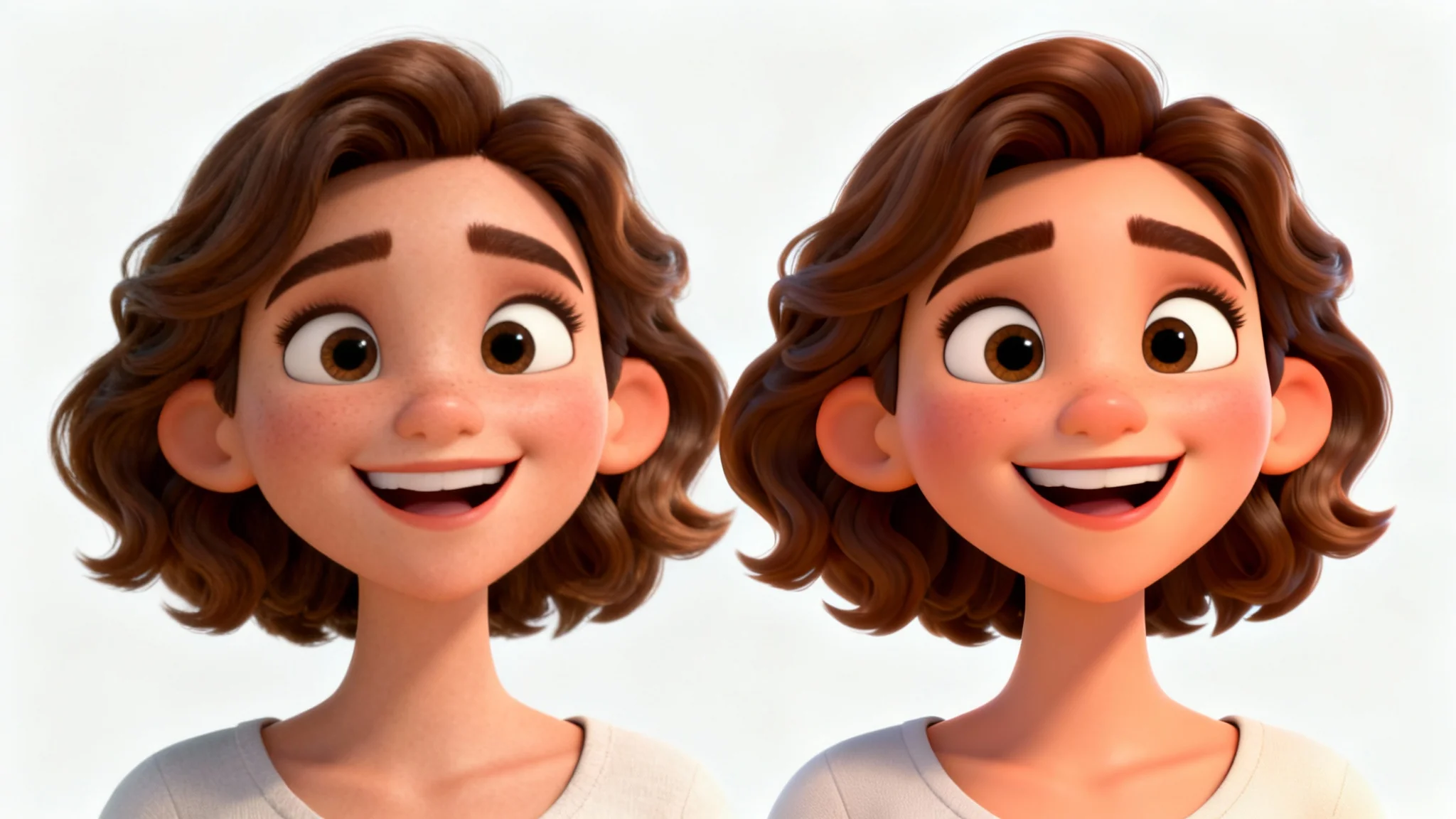 A split-image comparison showing a woman's face transforming from a realistic photograph on the left to a vibrant 3D cartoon character on the right, set against a plain white background.