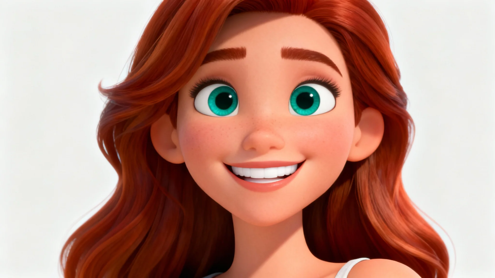 A high-quality 3D cartoon portrait of a smiling young woman with auburn hair and large teal eyes, created in a modern animation style, set against a plain white background.