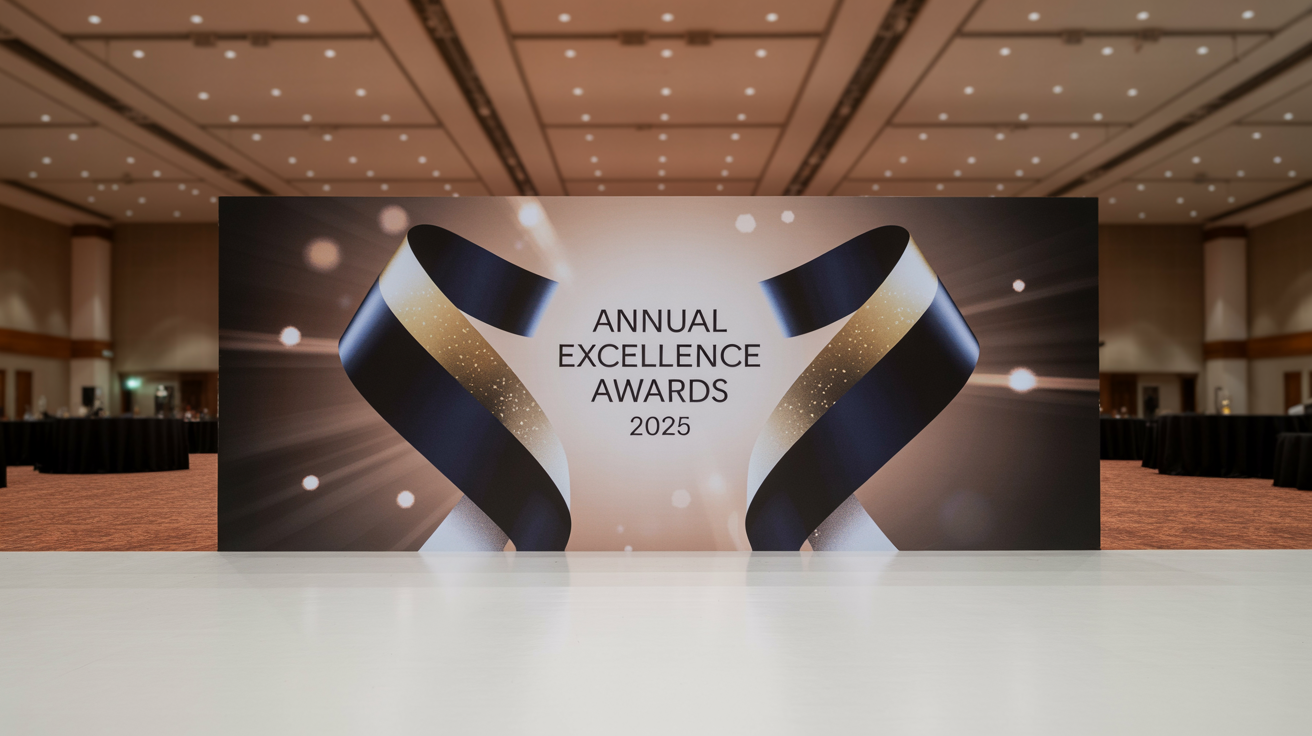An elegant digital background for an award ceremony, featuring the text 'Annual Excellence Awards 2025' in gold on a deep blue backdrop with abstract golden light patterns.