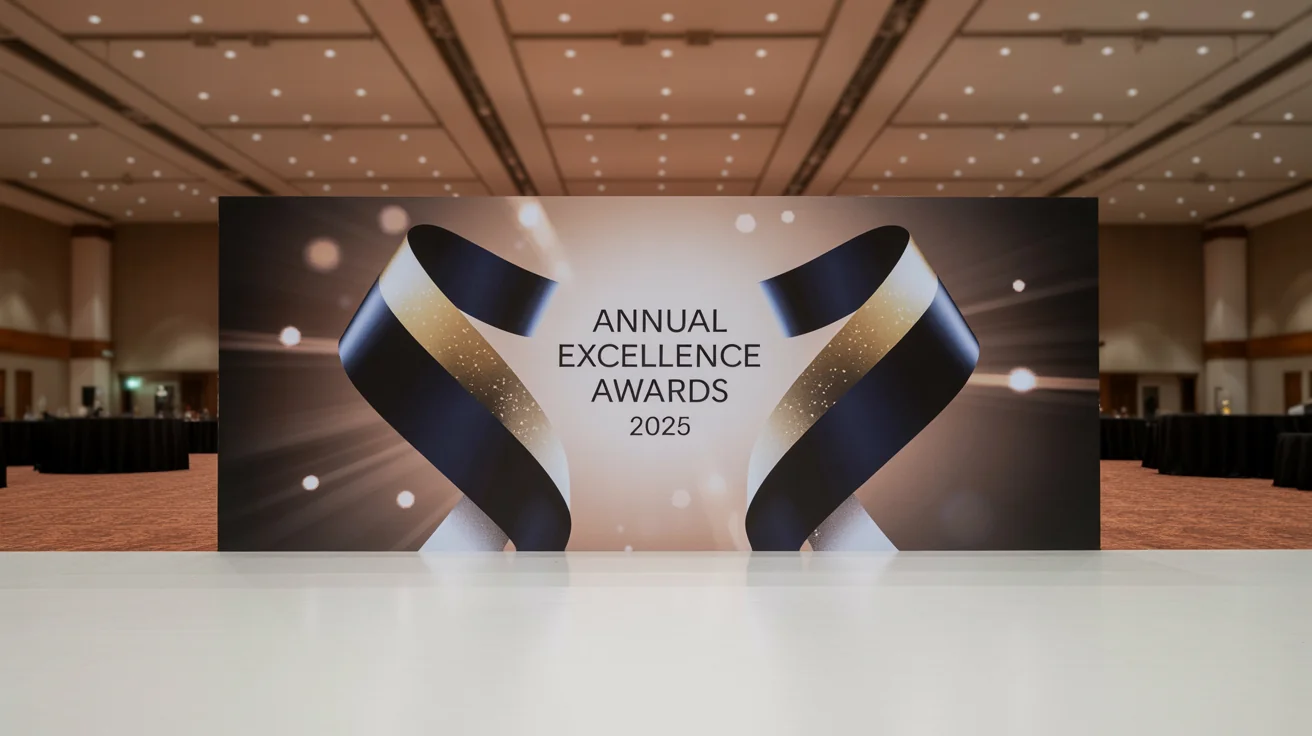 An elegant digital background for an award ceremony, featuring the text 'Annual Excellence Awards 2025' in gold on a deep blue backdrop with abstract golden light patterns.