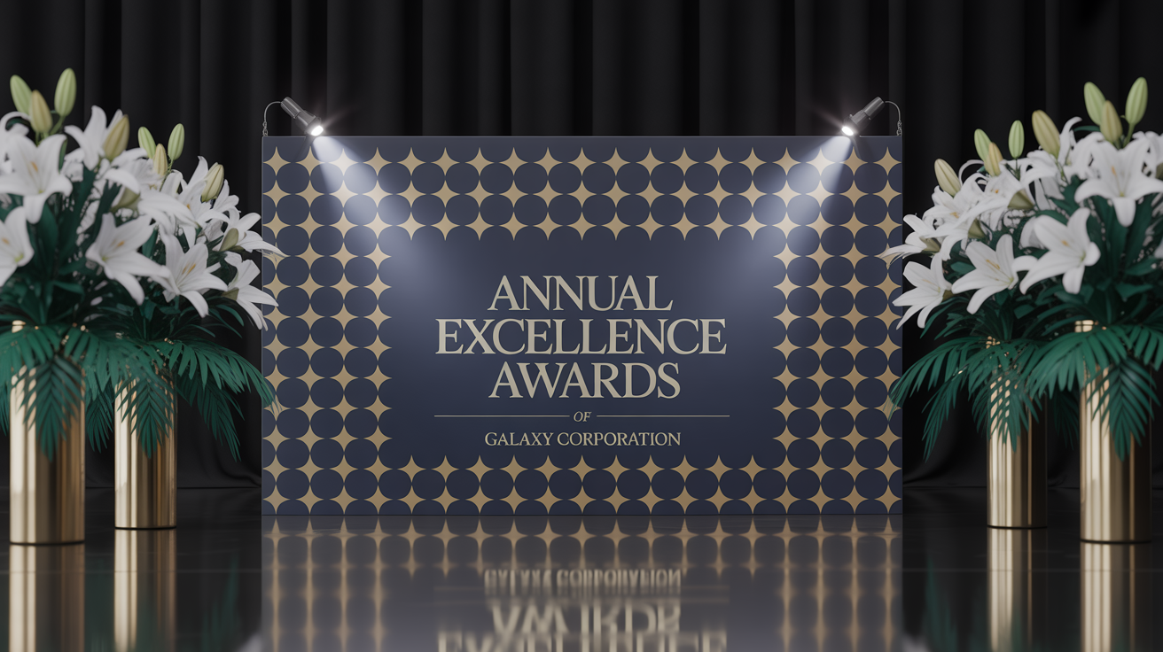 A professional and elegant award ceremony background featuring a navy blue and gold step-and-repeat banner for the 'Annual Excellence Awards' sponsored by 'Galaxy Corporation'.