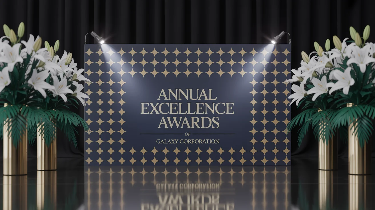 A professional and elegant award ceremony background featuring a navy blue and gold step-and-repeat banner for the 'Annual Excellence Awards' sponsored by 'Galaxy Corporation'.