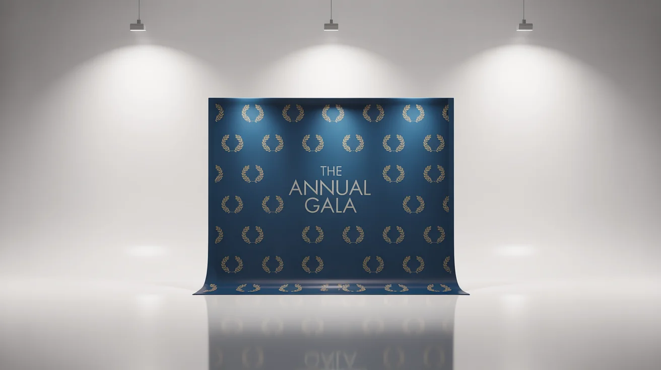 A photorealistic mockup of a luxurious navy blue awards ceremony backdrop with a repeating gold pattern of a laurel wreath and the text 'THE ANNUAL GALA', shown against a white background.