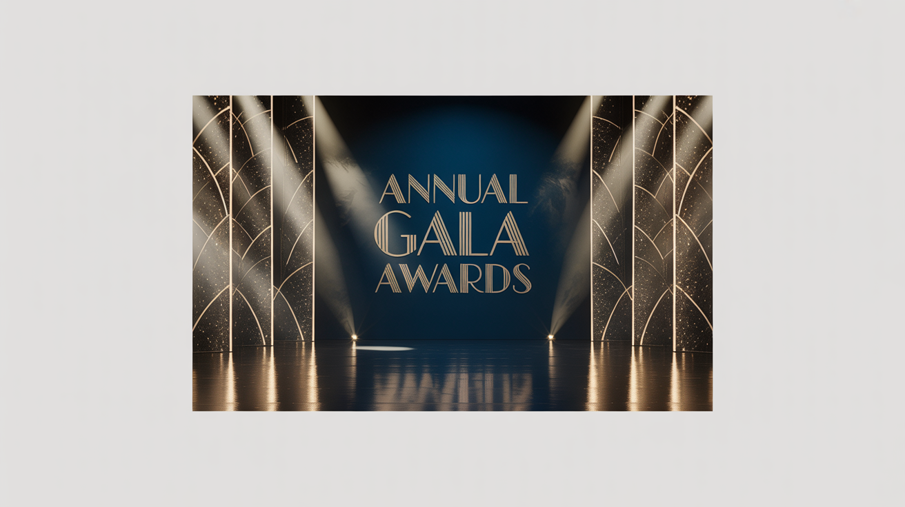 A mockup of a glamorous award ceremony background, featuring a navy blue and gold backdrop with the text 'ANNUAL GALA AWARDS' on a reflective stage with spotlights.