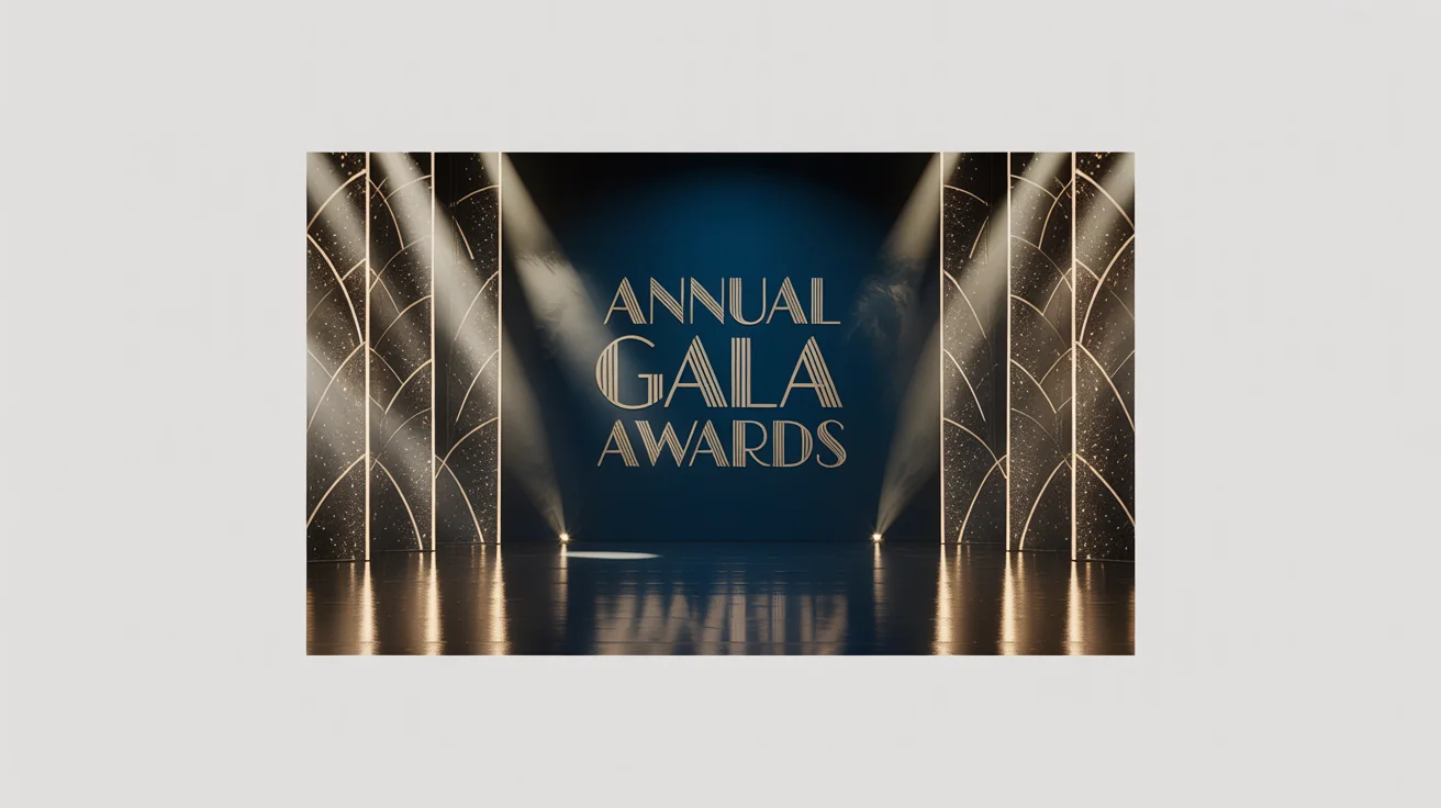 A mockup of a glamorous award ceremony background, featuring a navy blue and gold backdrop with the text 'ANNUAL GALA AWARDS' on a reflective stage with spotlights.