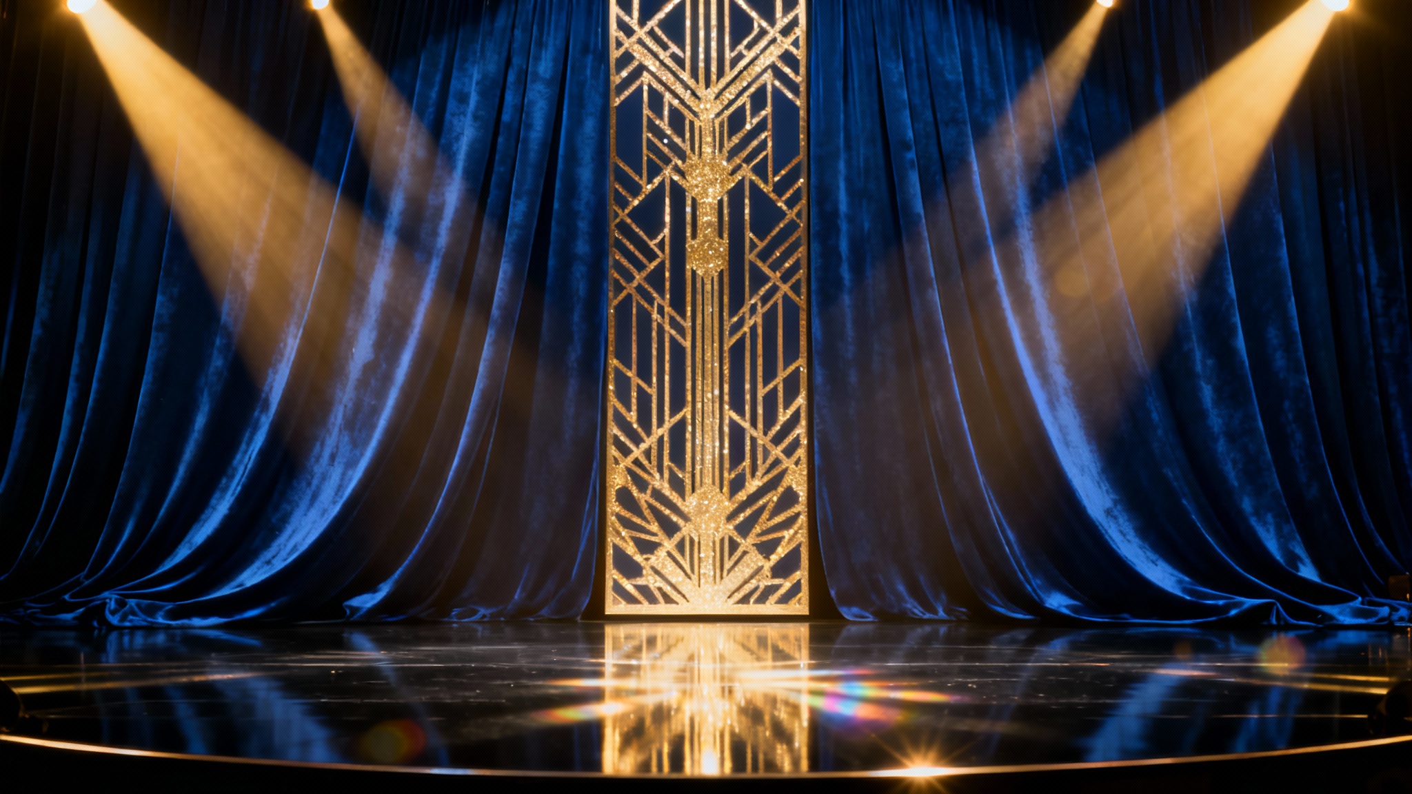 A glamorous award ceremony background mockup featuring deep blue velvet curtains, a central panel with gold Art Deco patterns, and dramatic golden spotlights on a polished stage.
