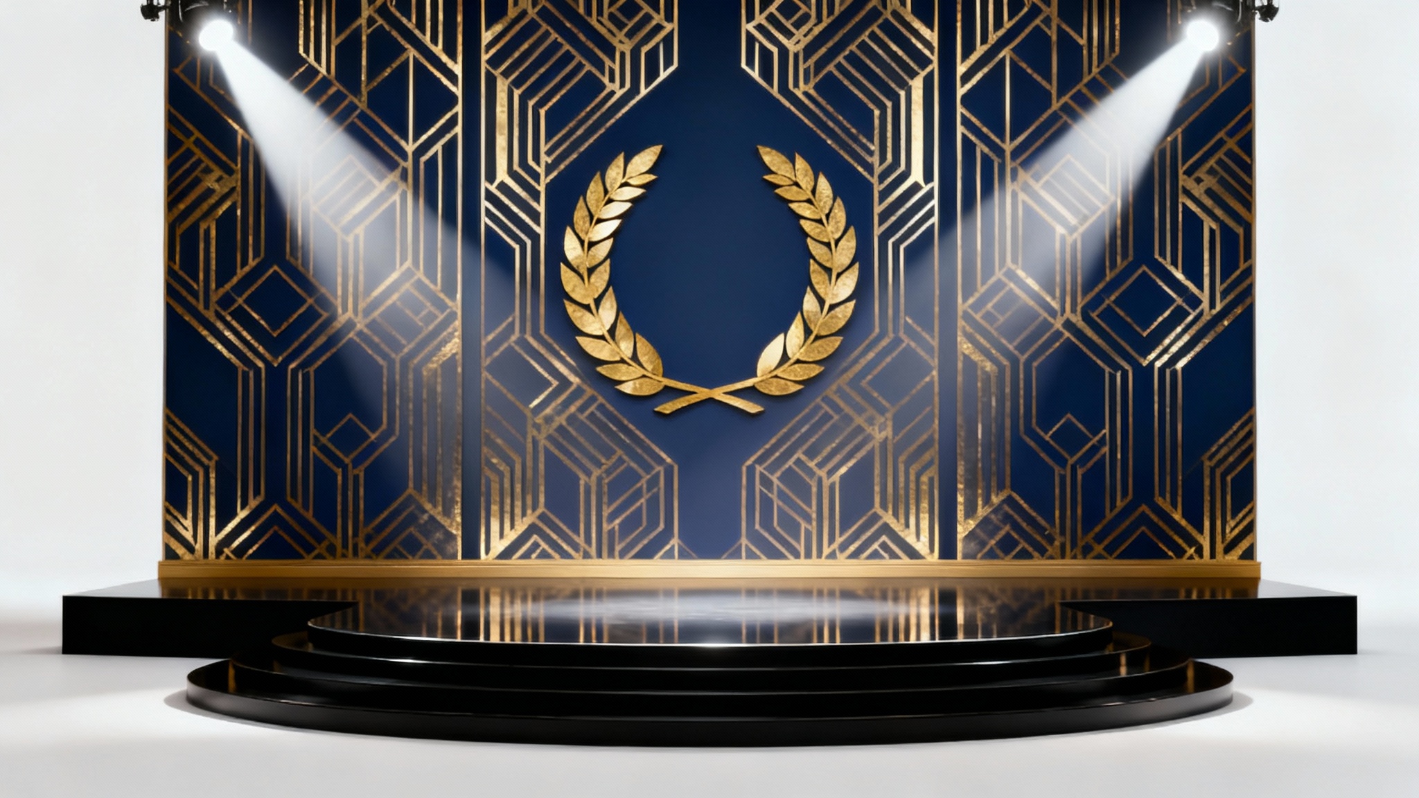 A photorealistic mockup of an elegant award ceremony stage. The stage is empty and black, set against a navy blue and gold art deco patterned wall with a central laurel wreath emblem. Spotlights shine down, creating a dramatic and prestigious atmosphere.