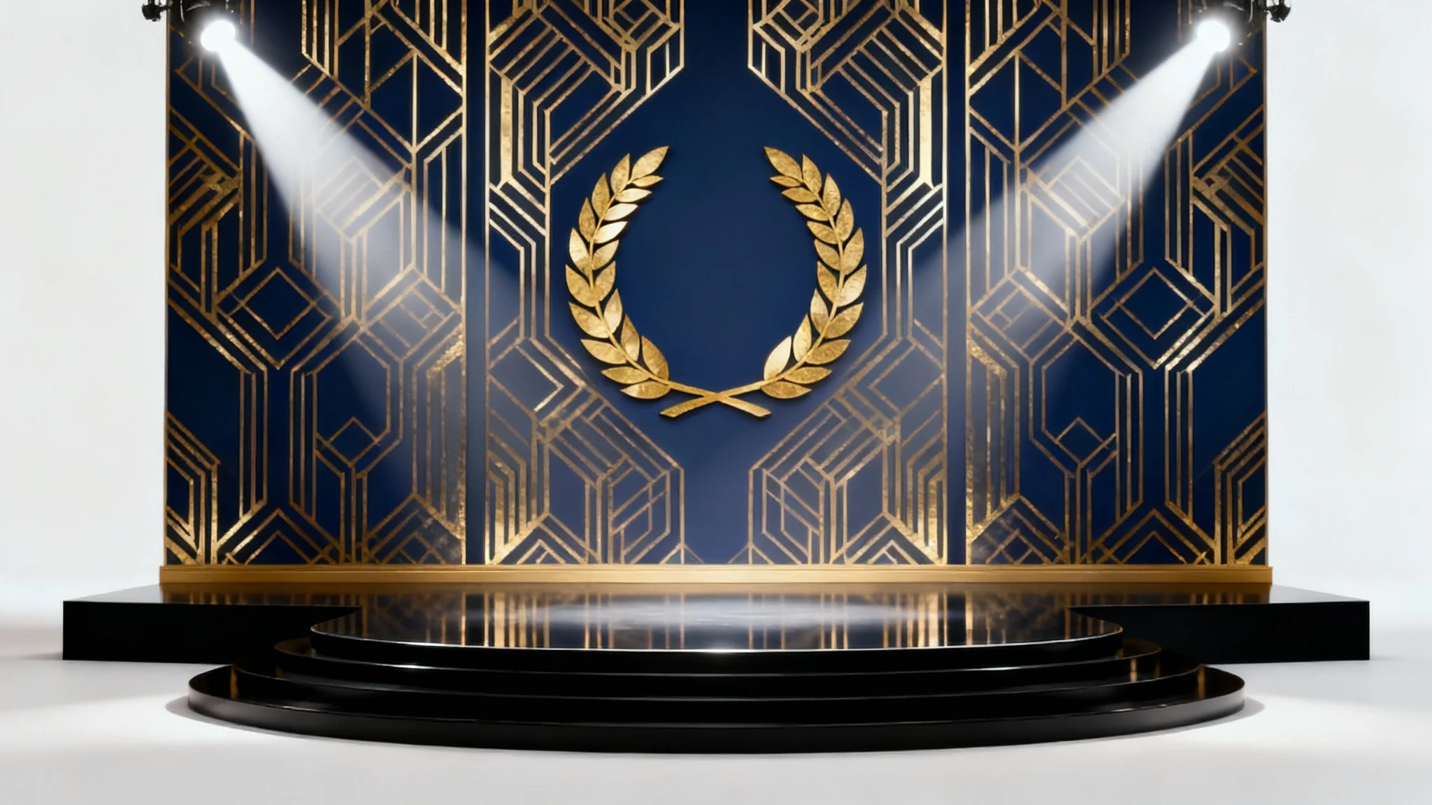 A photorealistic mockup of an elegant award ceremony stage. The stage is empty and black, set against a navy blue and gold art deco patterned wall with a central laurel wreath emblem. Spotlights shine down, creating a dramatic and prestigious atmosphere.